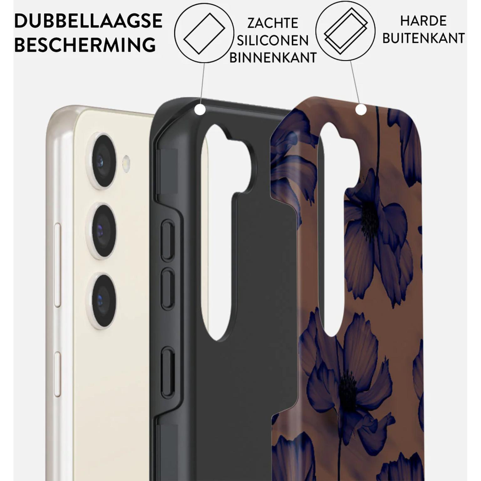 Telefoonhoeslagen: telefoon, zwart frame, siliconen, bruin bloemendesign.