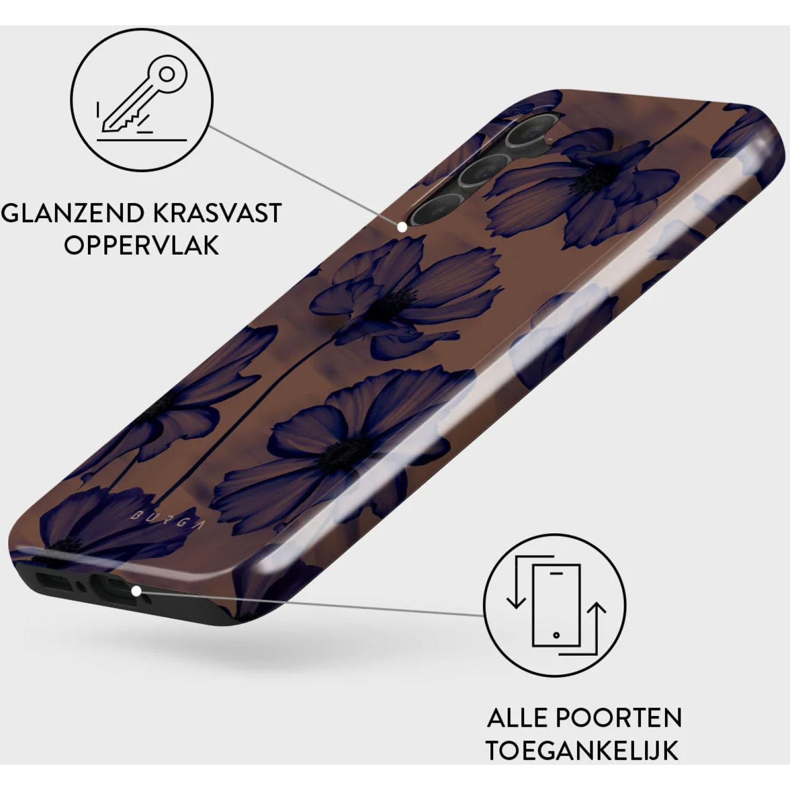 Telefoonhoesje met blauwe bloemen op een bruine achtergrond.