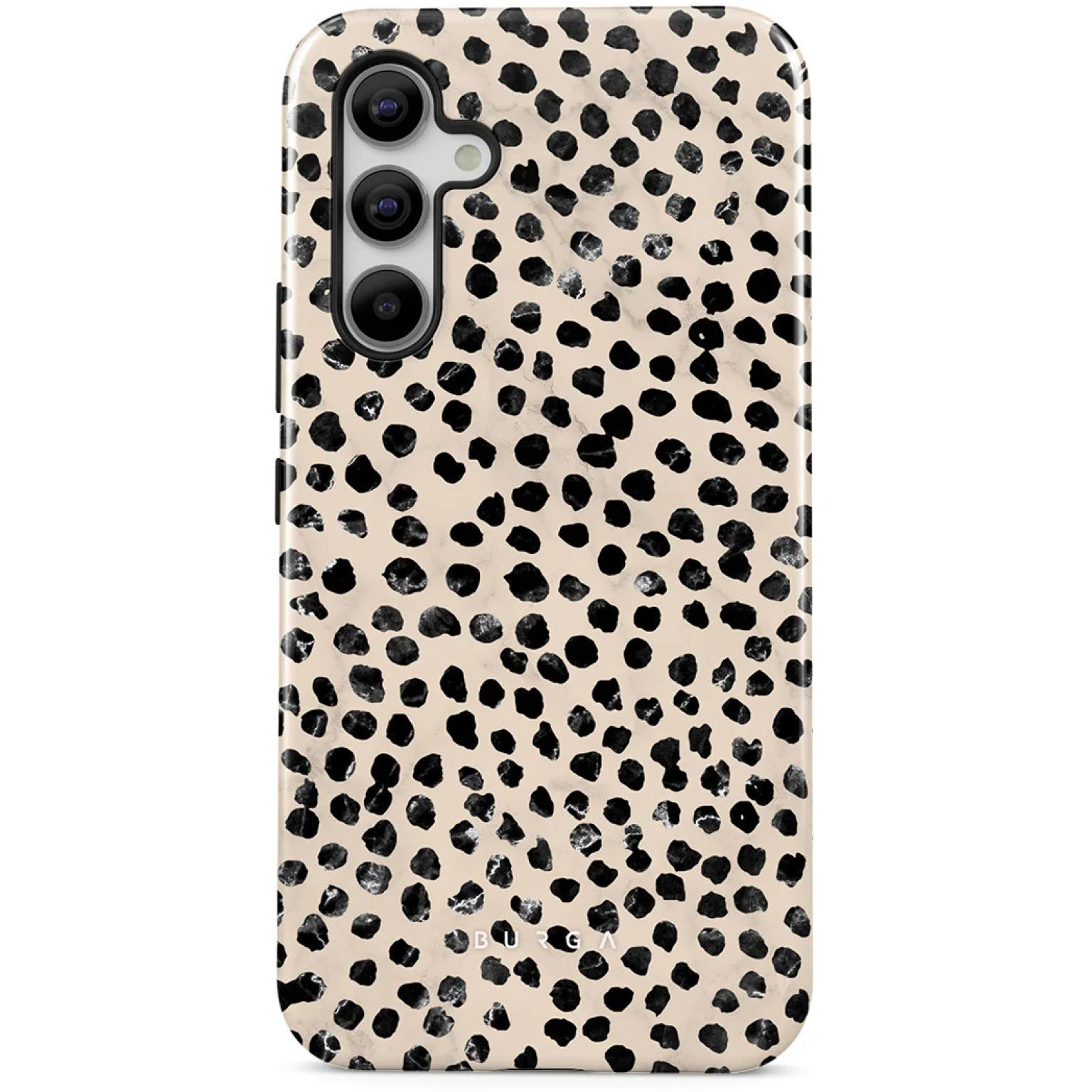 Telefoonhoesje met zwarte stippen op een beige achtergrond.