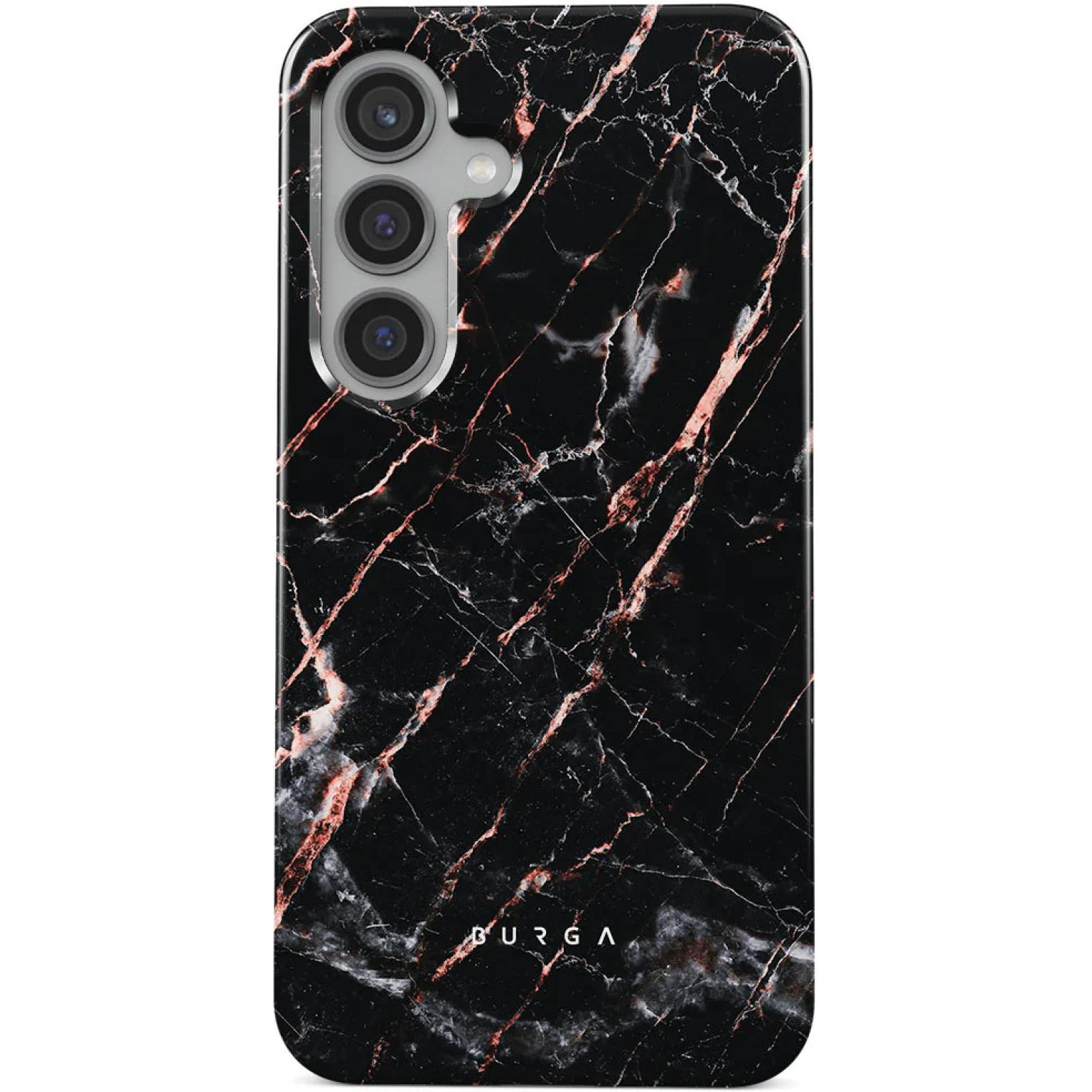 Zwarte telefoonhoes met marmerpatroon en rode aders.