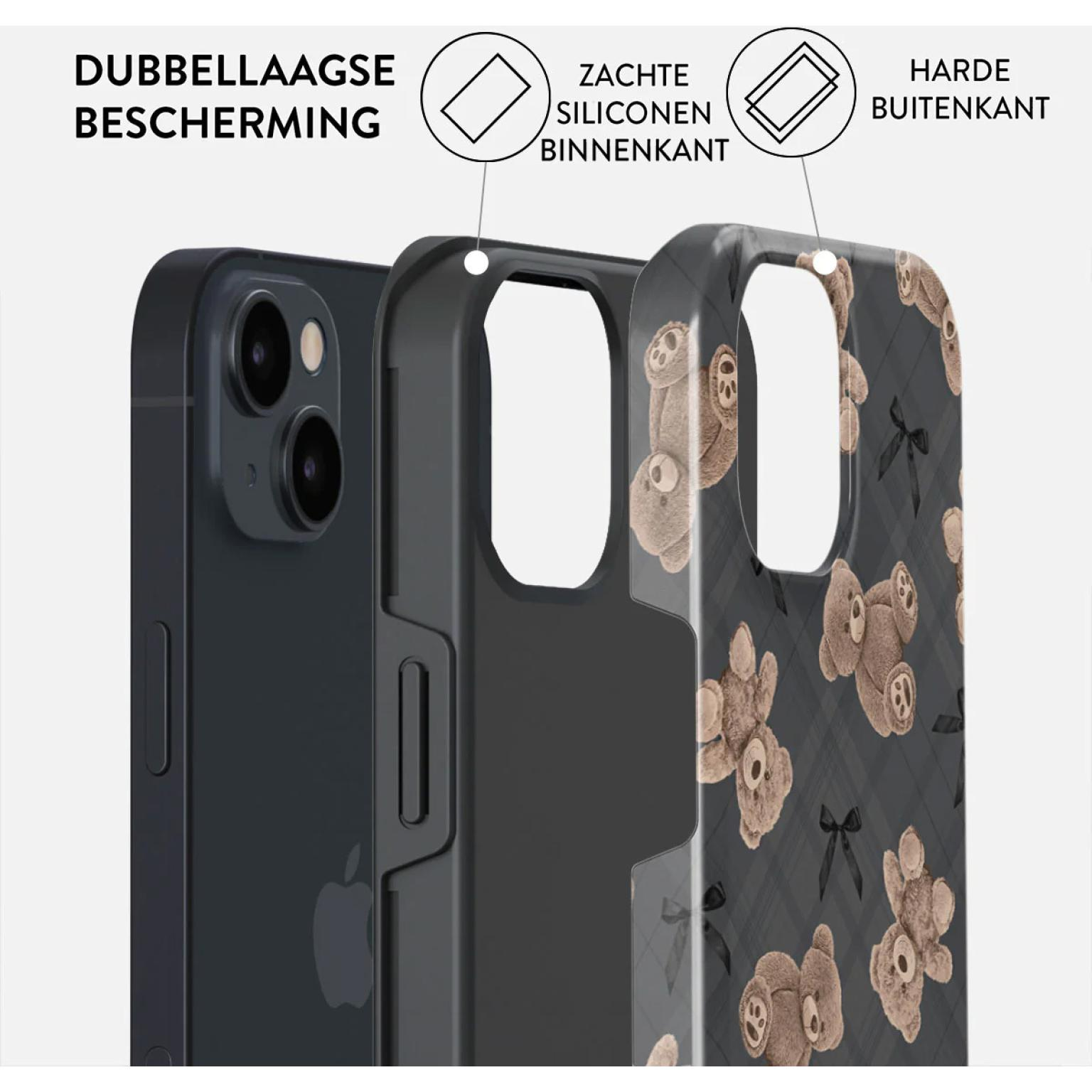 Telefoonhoesje met een teddybeerpatroon op een grijze geruite achtergrond.