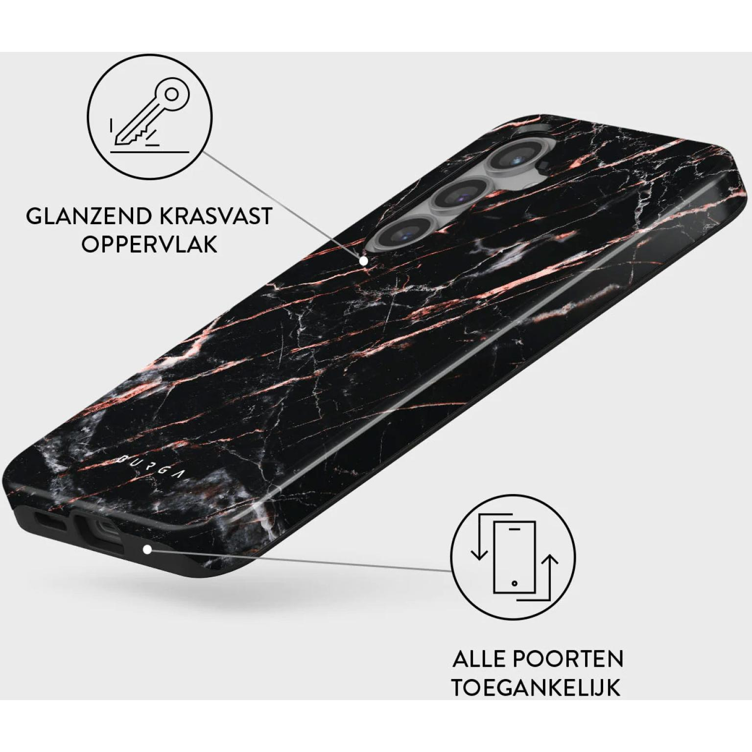 Zwarte marmeren telefoonhoes met rode aders, glanzend oppervlak. Sleutel- en poorticonen zijn zichtbaar.