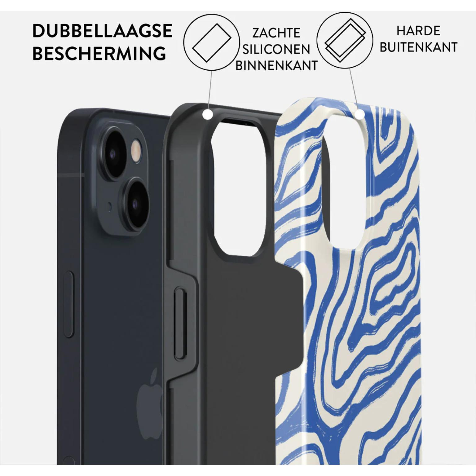 Telefoonhoeslagen: telefoon, zwart frame, blauwe golfpatroonhoes. Tekst in het Nederlands.