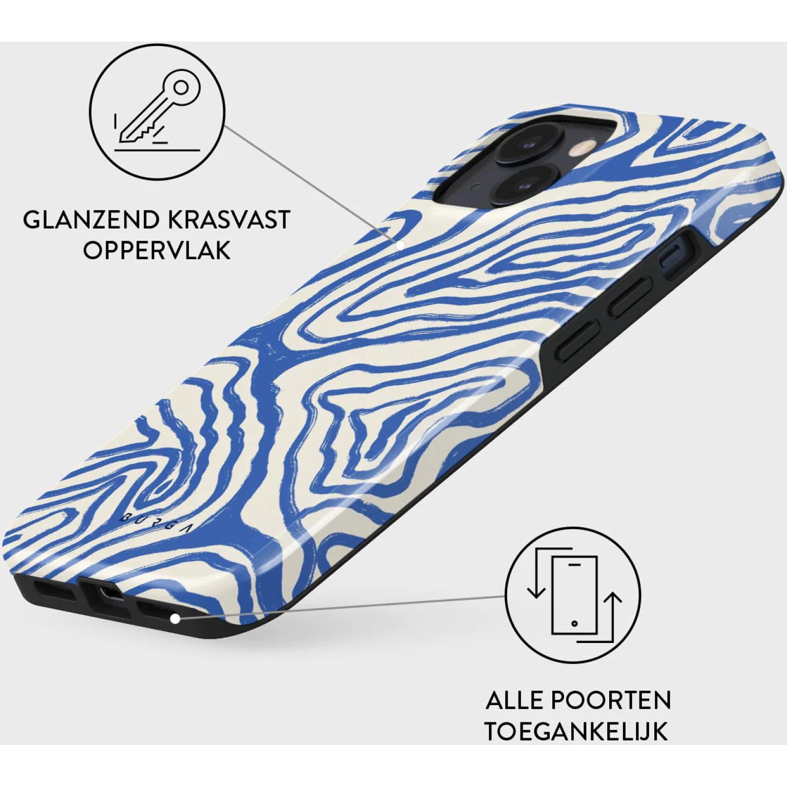 Telefoonhoesje met een blauw-wit patroon. Bevat een sleutelpictogram en een telefoonpictogram.