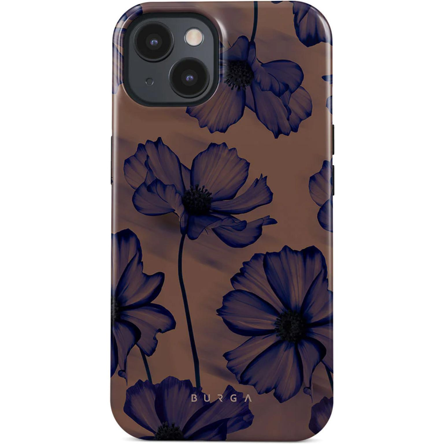 Phone case with blue flowers design. The case is on a brown background.