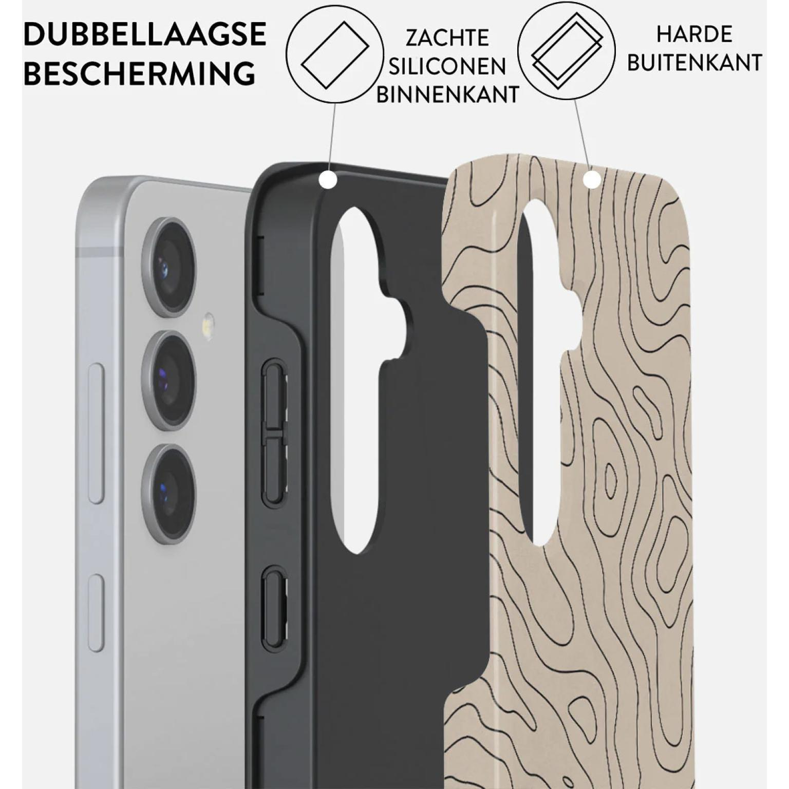 Telefoonhoeslagen: telefoon, zwart frame en een beige topografisch lijnenpatroon.
