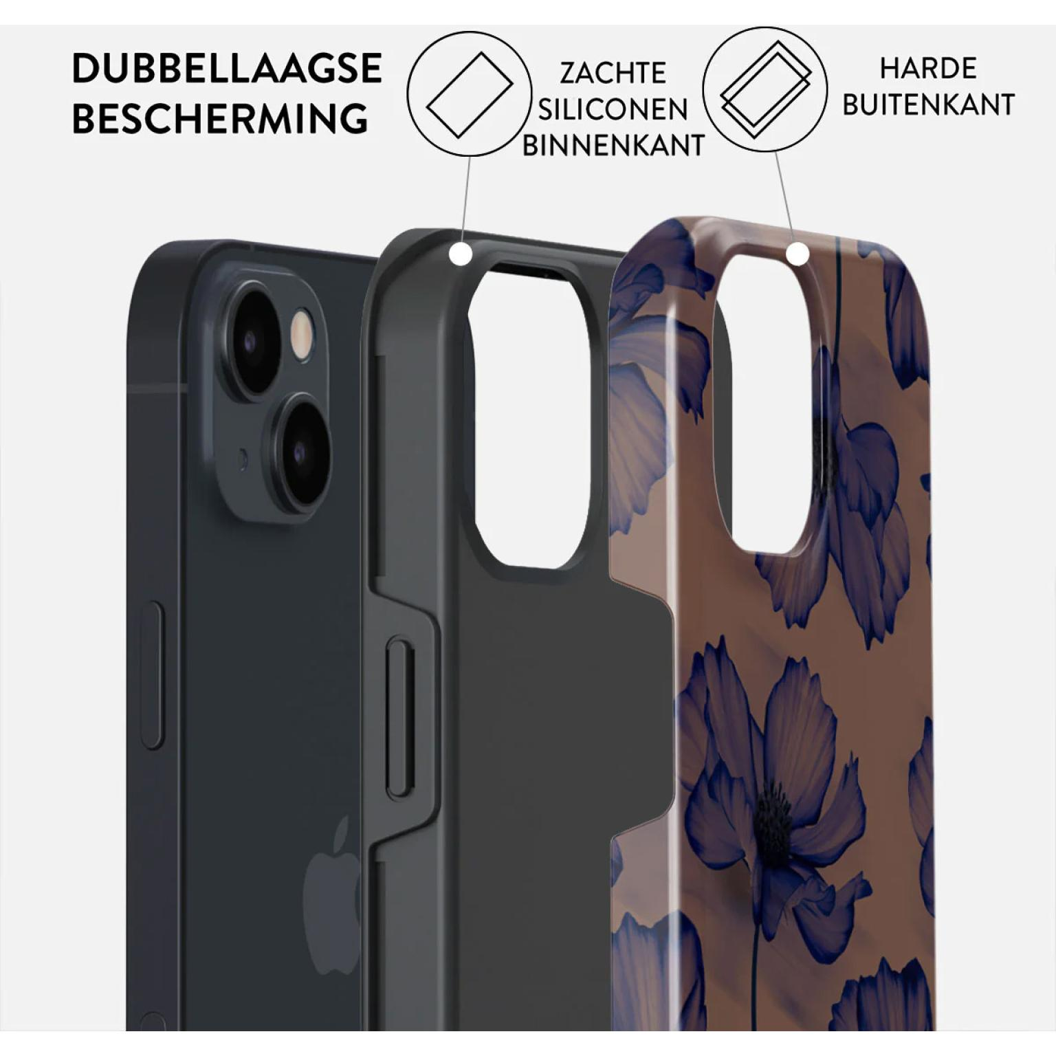 Phone case with floral design, layered construction.