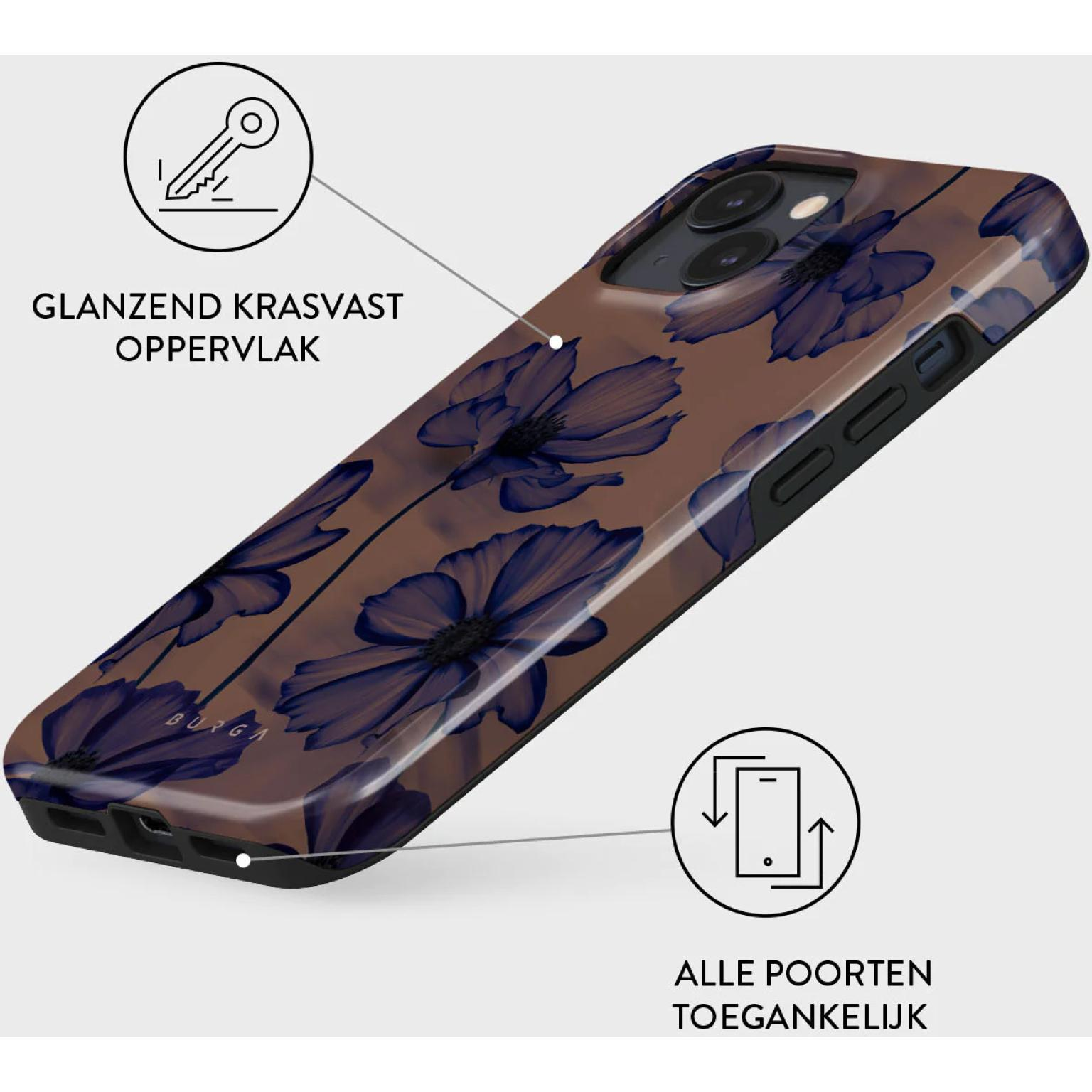 Phone case with blue flowers on brown background. Key and text icons present.