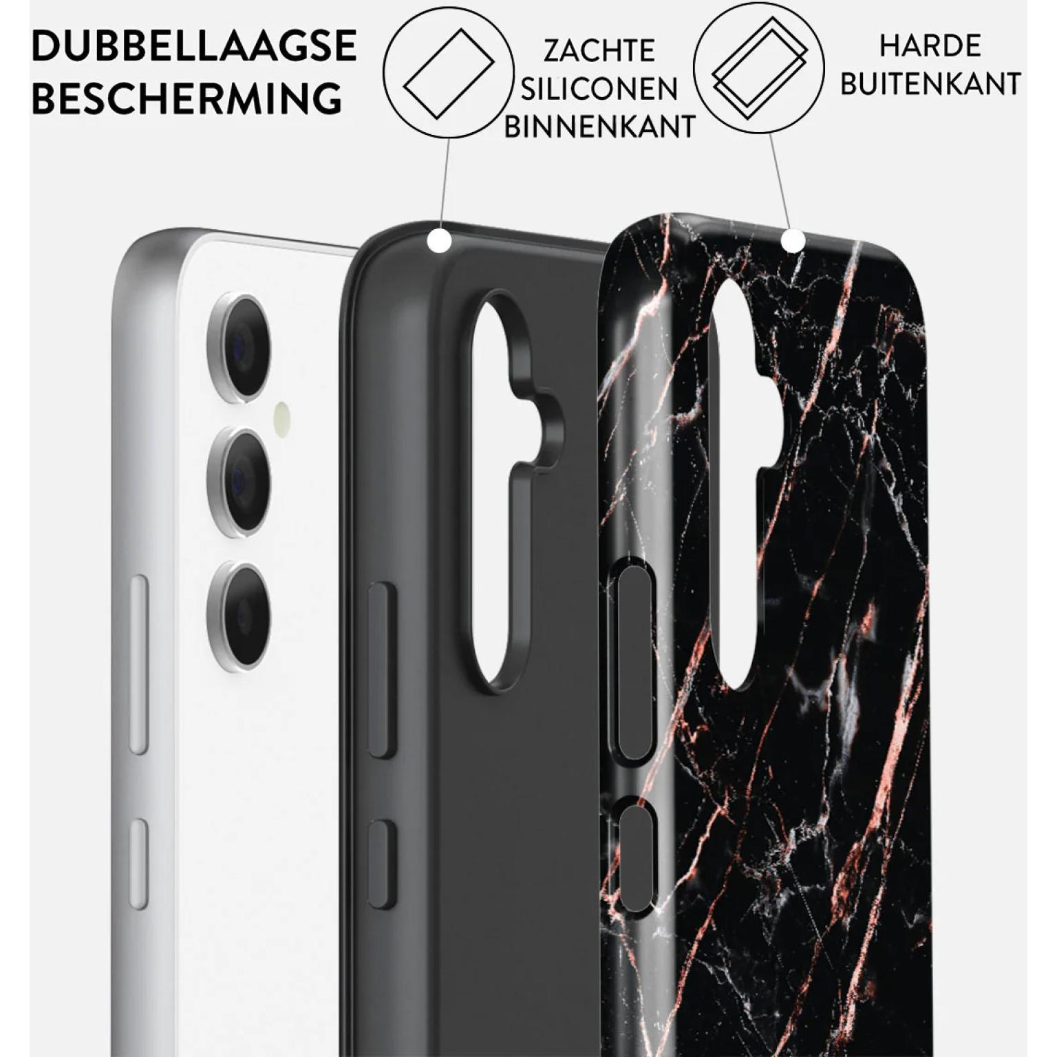 Telefoonhoesje met gelaagde constructie. Zwart, goud en wit marmer design.