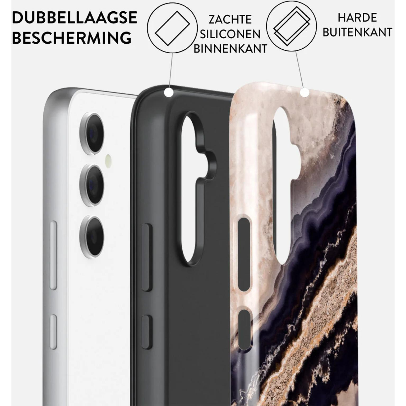 Phone case layers: phone, black case, and a marble design case.