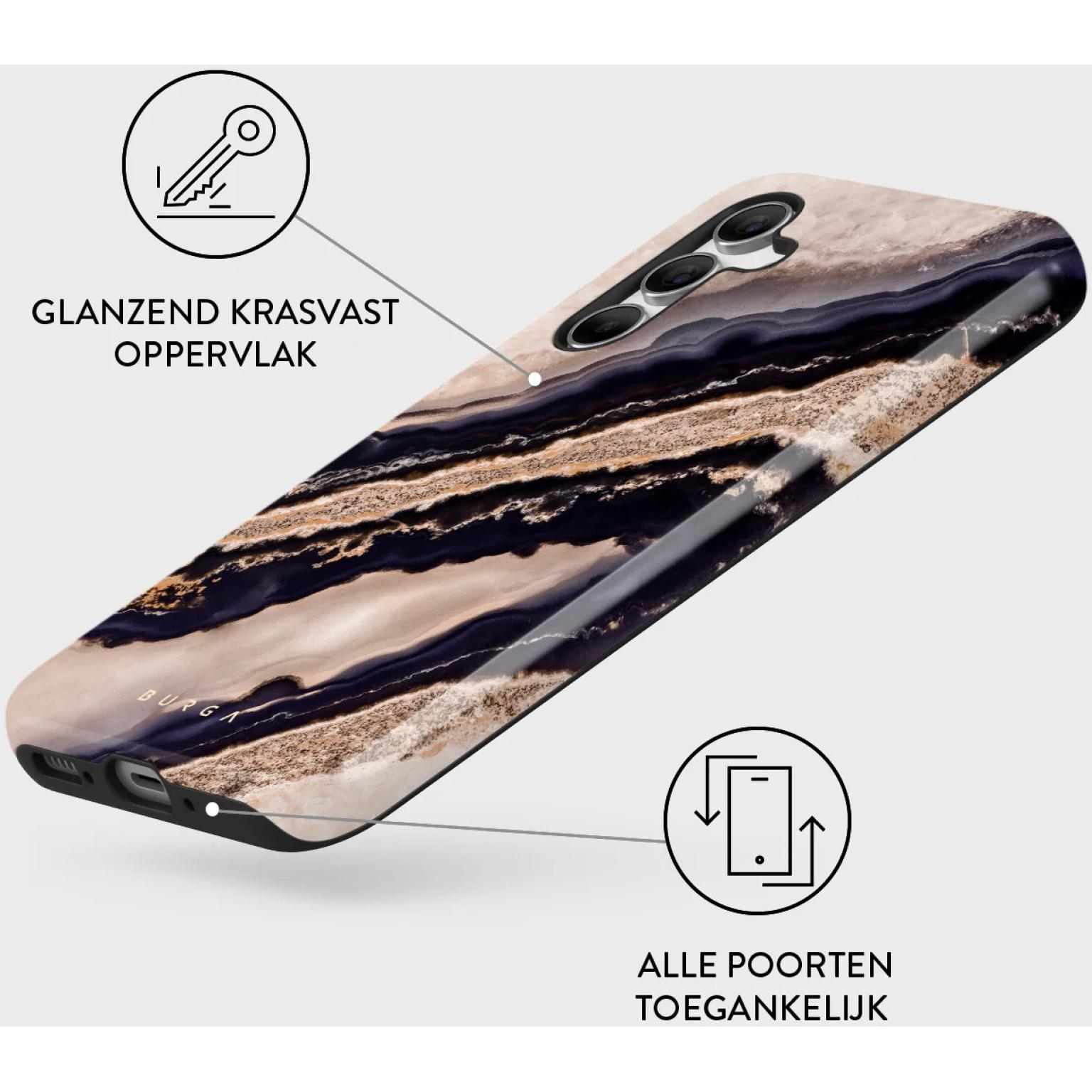 Phone case with a marble design in shades of black, gold, and tan, with text bubbles.