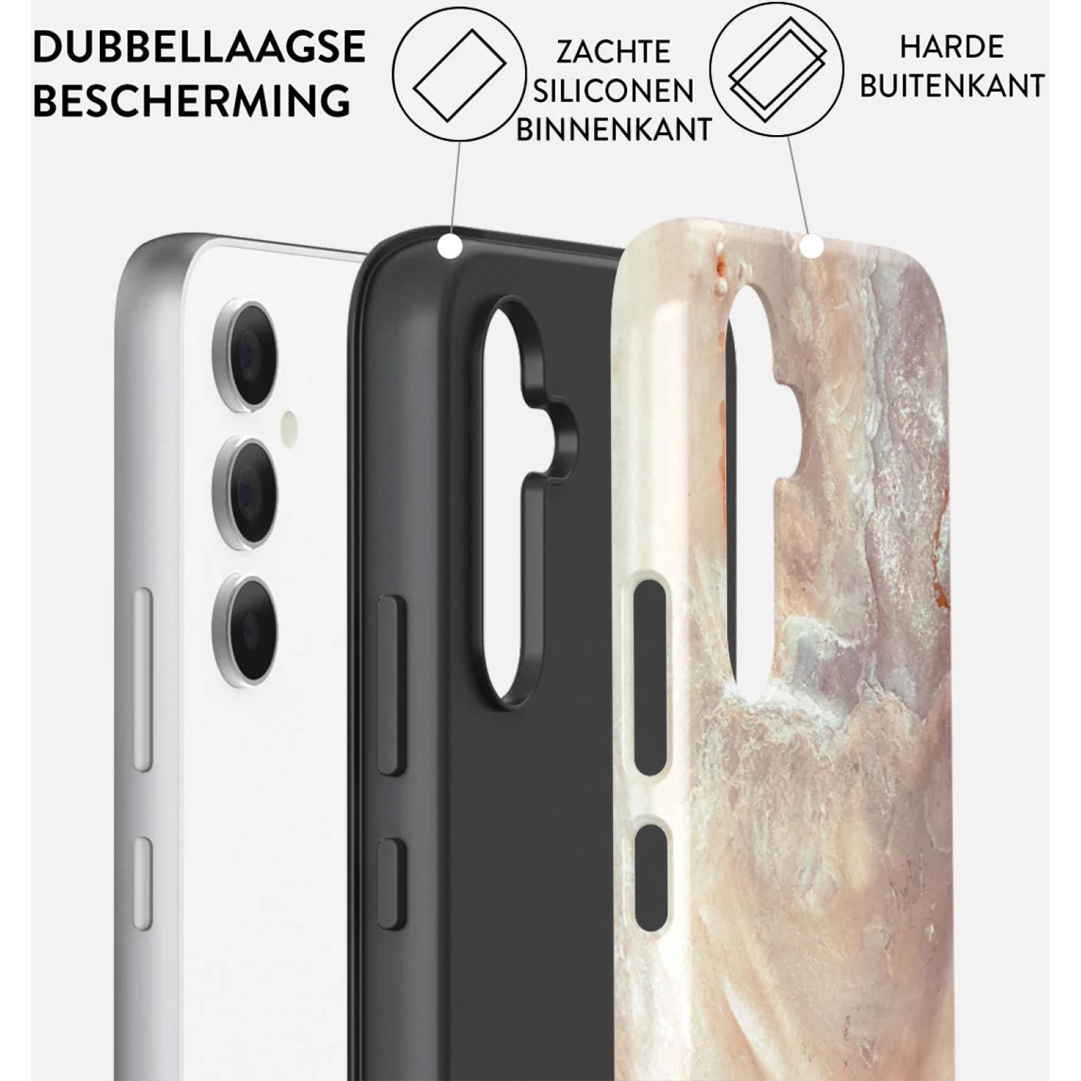Diagram of phone case layers: phone, black frame, marble-like design. Text labels describe the layers.