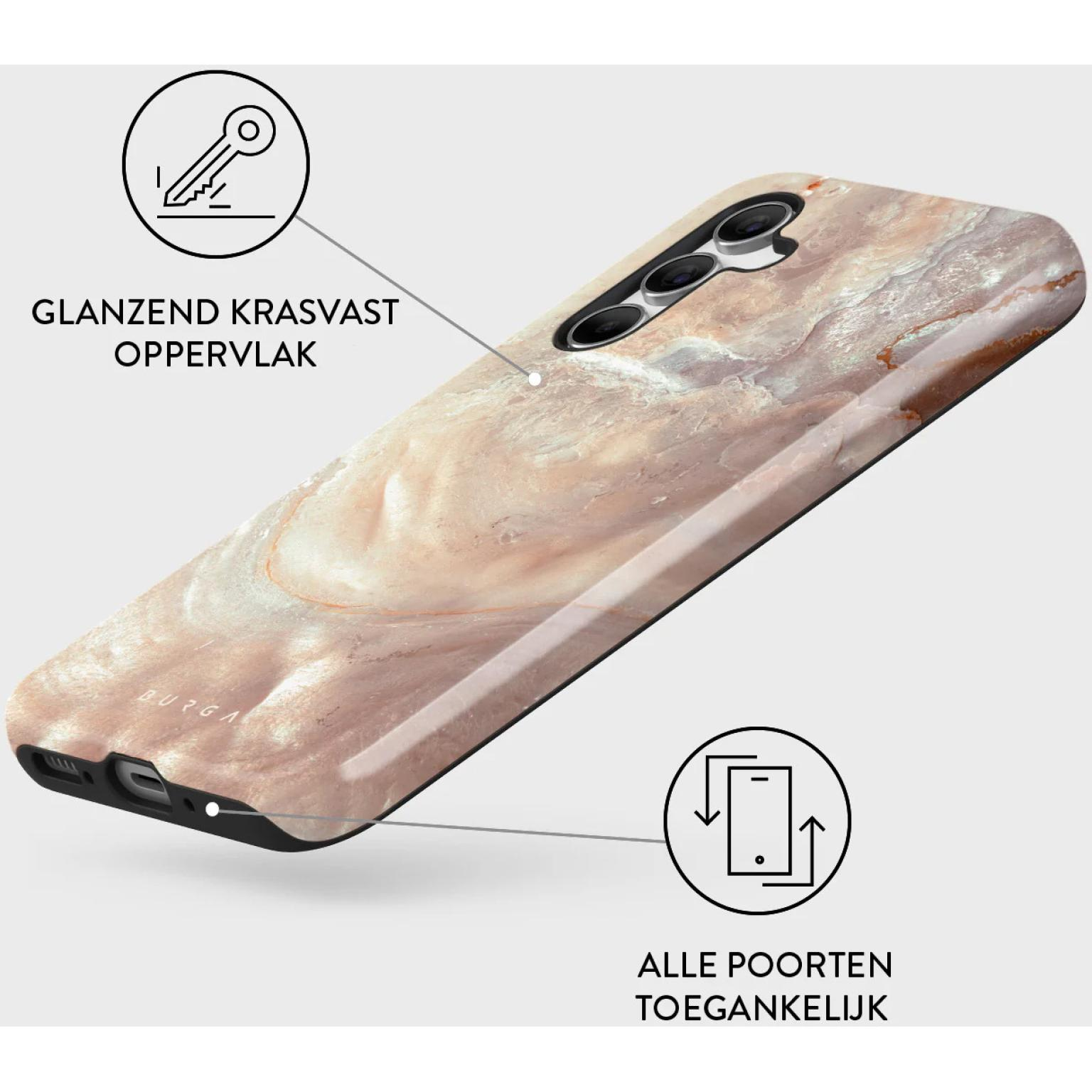 Phone case with a pink and white marble design.