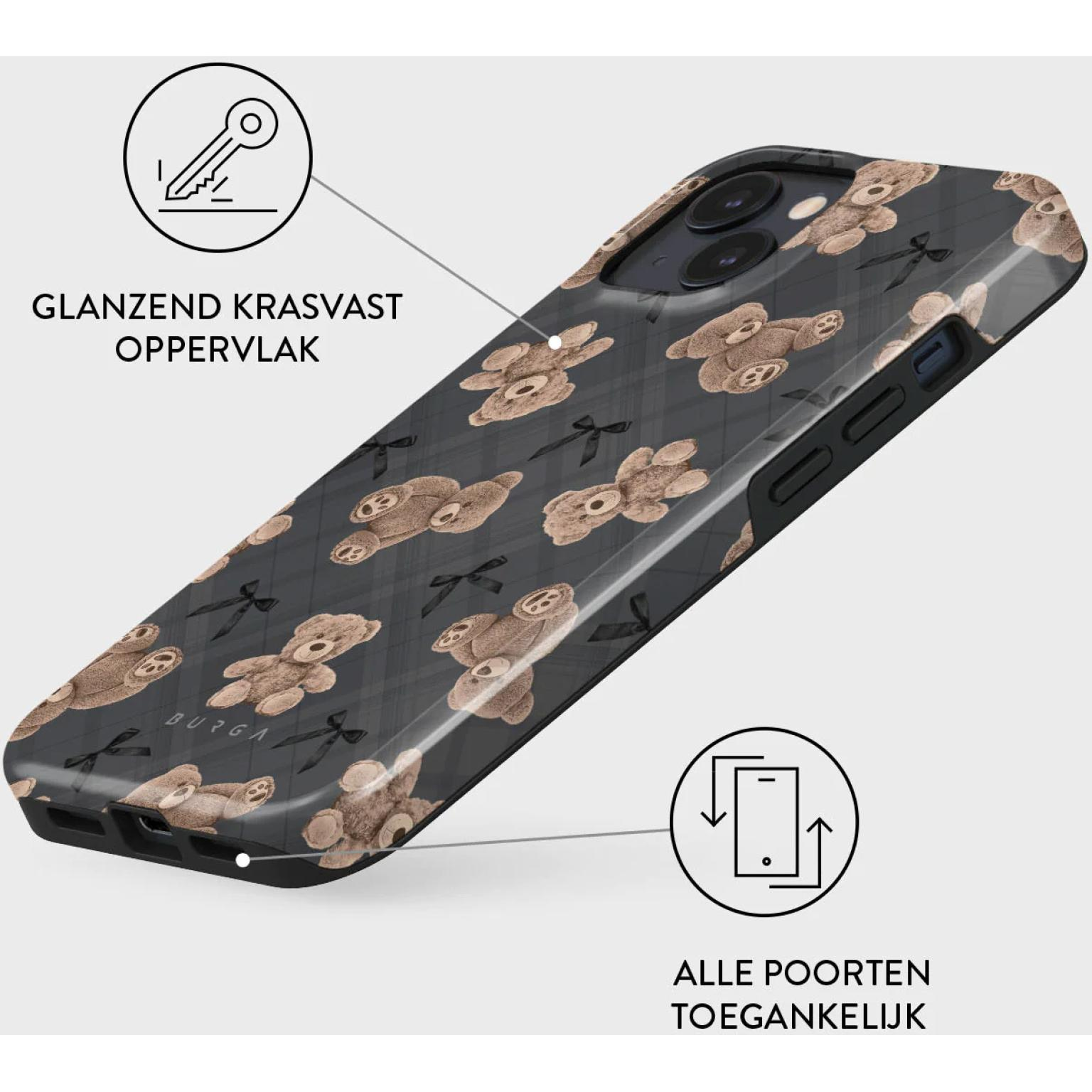 Telefoonhoesje met teddyberen en zwarte strikken op een grijze geruite achtergrond, schuine weergave.