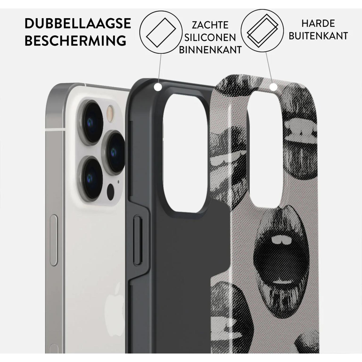 Phone case with layered construction. Black and white lips pattern.