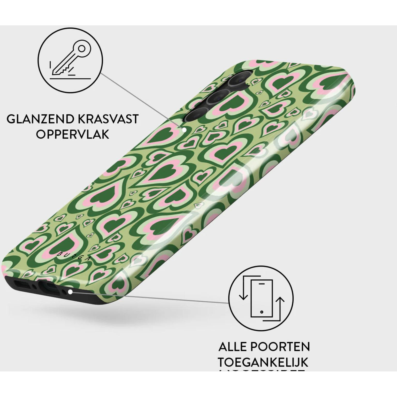 Phone case with a green background featuring pink and green heart shapes.