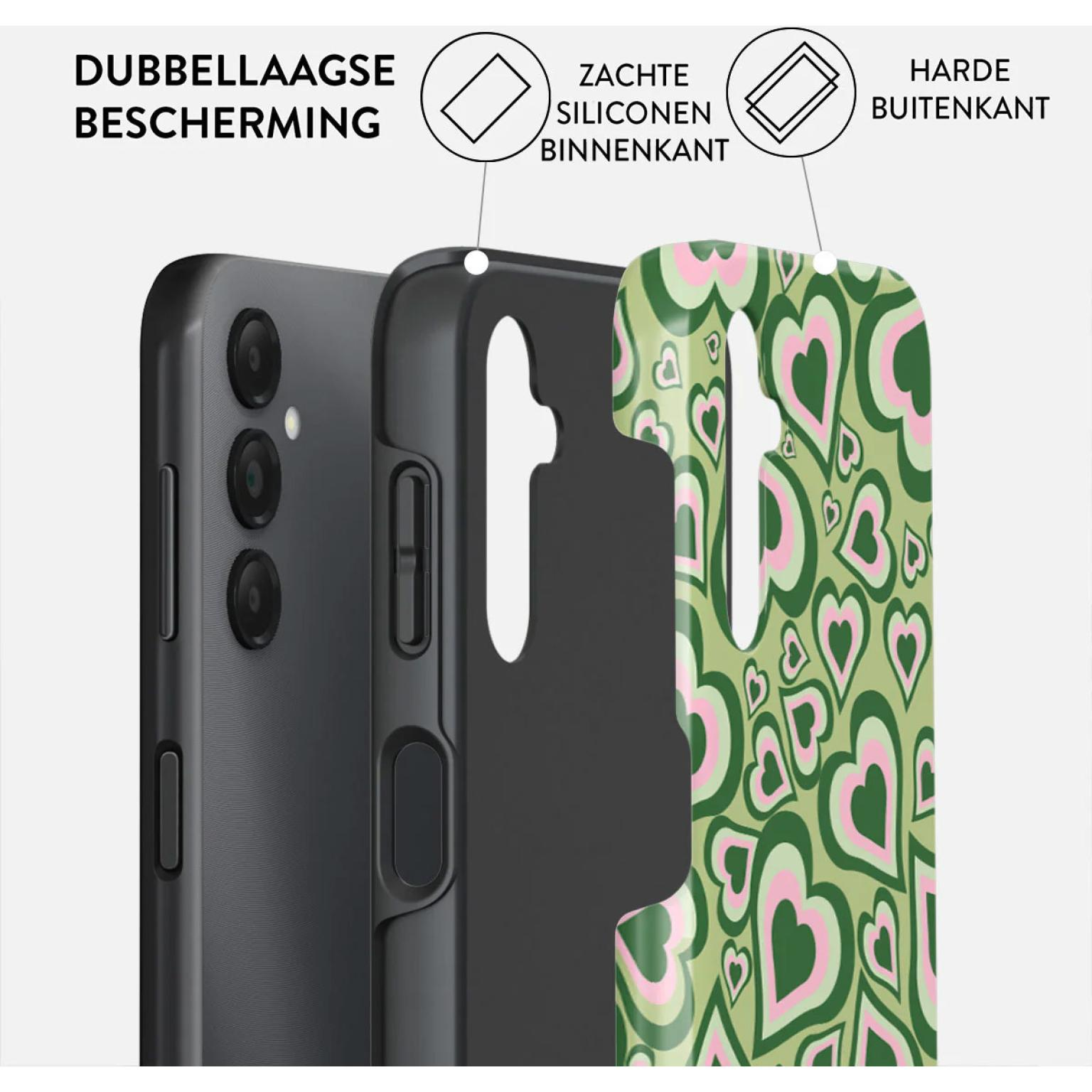 Phone case: green hearts on green, hard outer layer, soft silicone inner layer, and a phone.