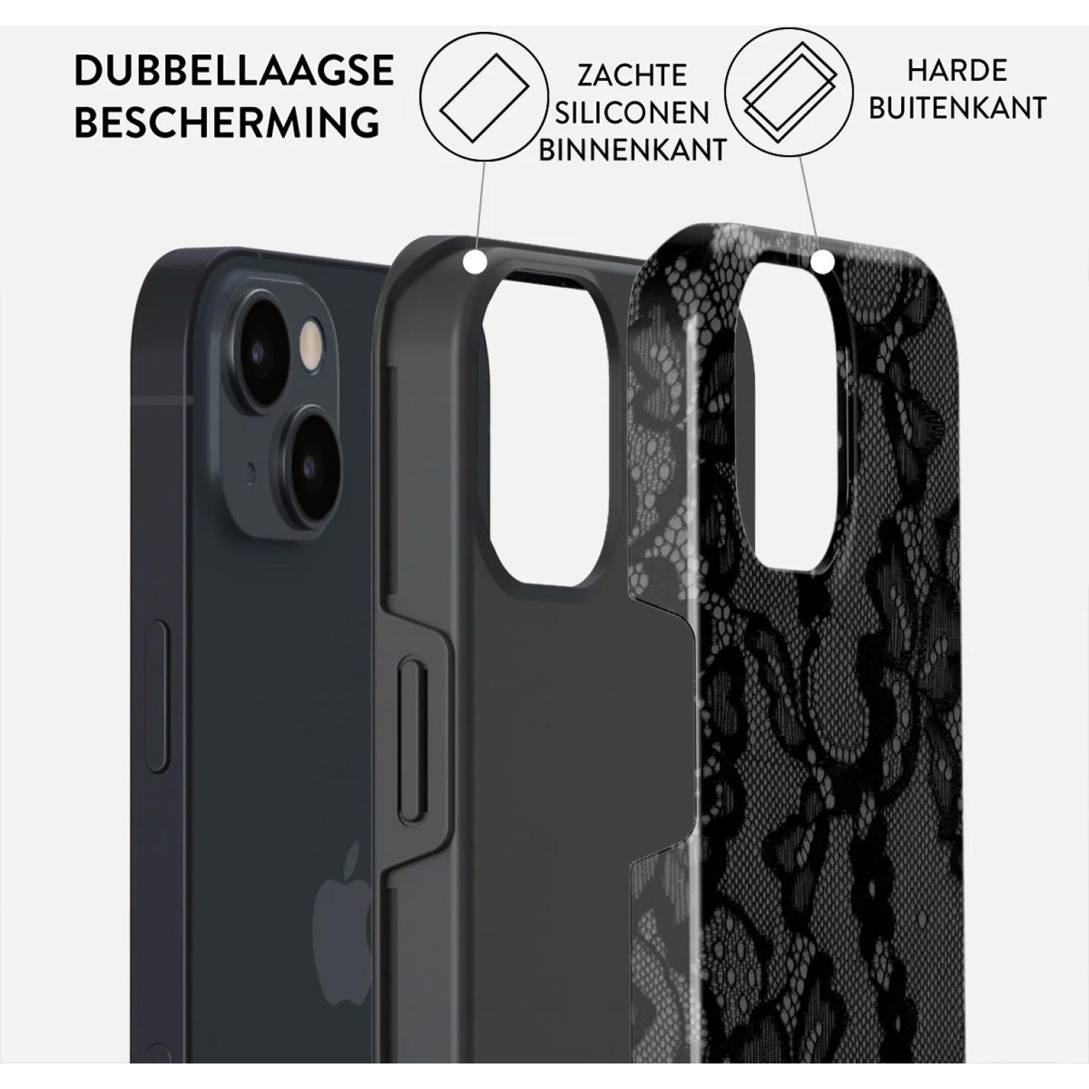 Phone case layers: phone, black middle, black lace design. Text reads: Dubbellaagse Bescherming.