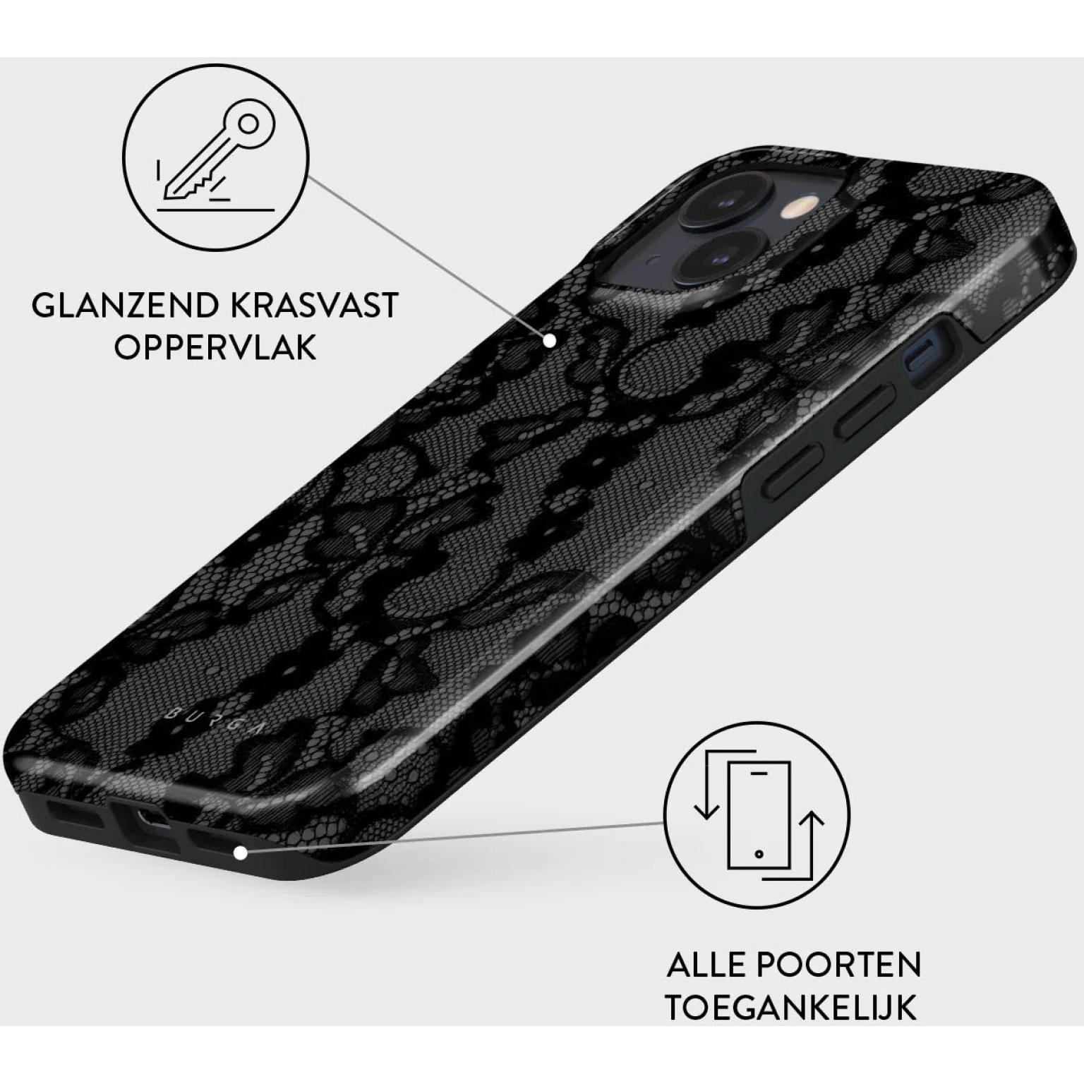 Phone case with black lace pattern, angled view.