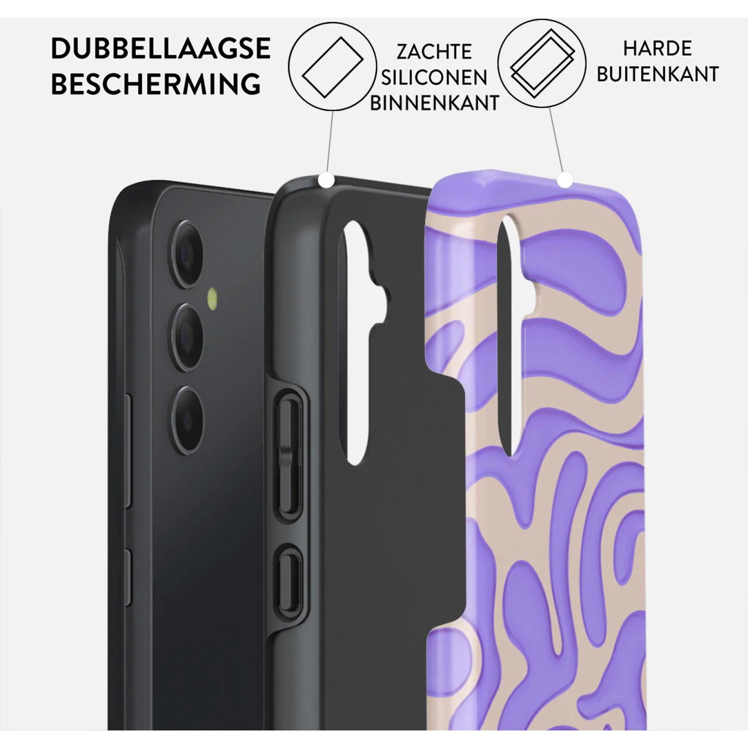 Phone case showing triple-layer protection. The outer layer is patterned with purple and beige swirls.
