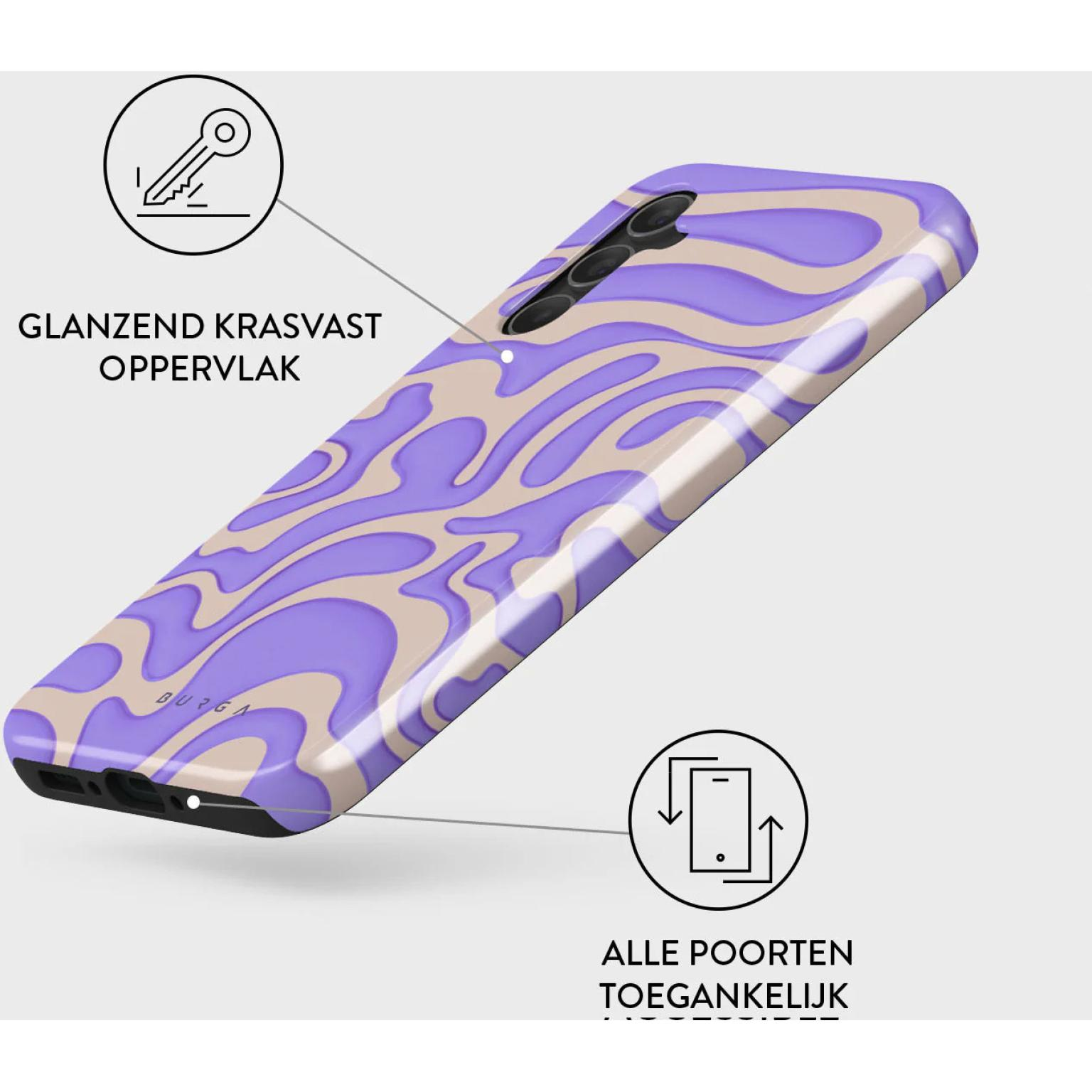 Phone case with purple and beige swirl pattern. Text: glossy scratch-resistant surface, all ports accessible.