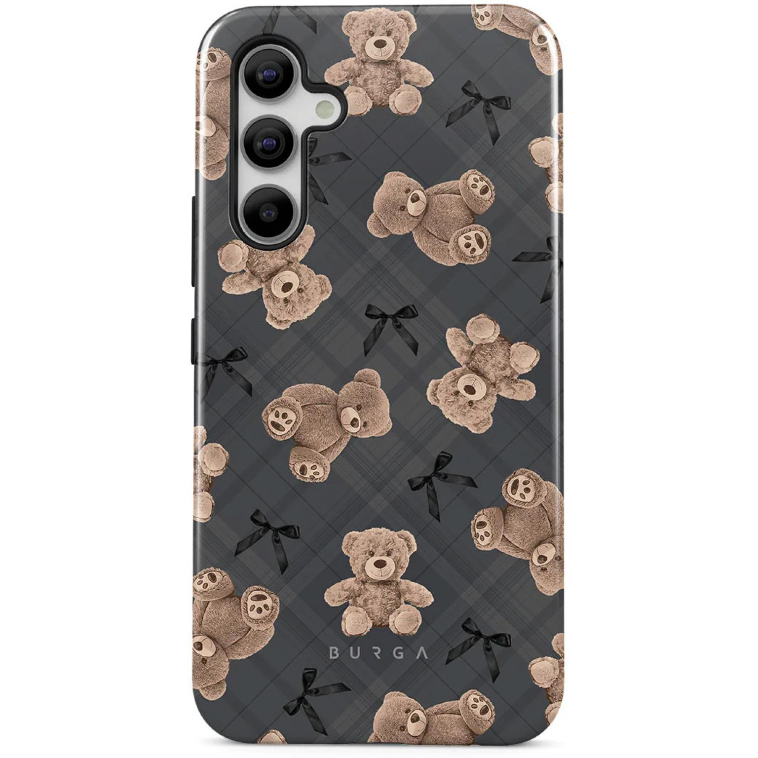 Telefoonhoesje met teddyberen en zwarte strikken op een grijze geruite achtergrond.