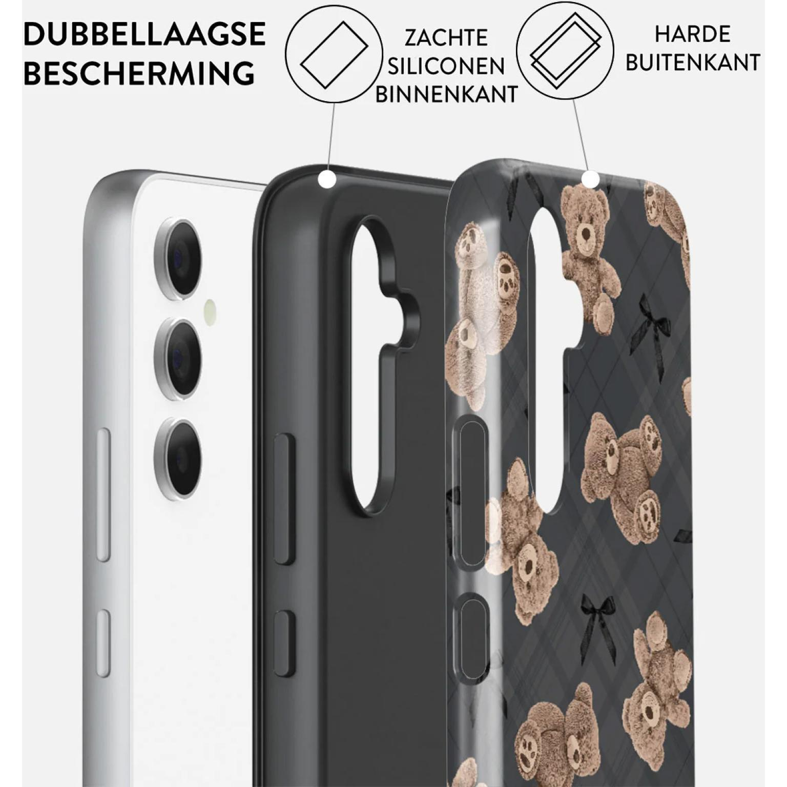 Telefoonhoesje met drielaagse bescherming. De buitenste laag heeft een zwart en bruin teddyberenpatroon.
