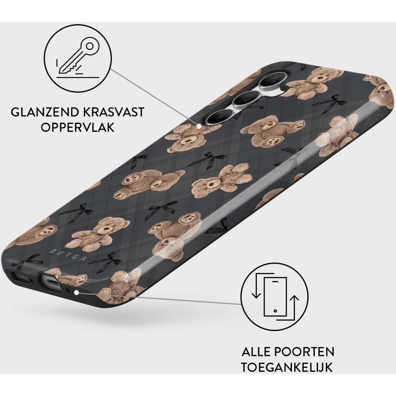 Telefoonhoesje met teddyberen en zwarte strikken op een grijze geruite achtergrond, schuine weergave.