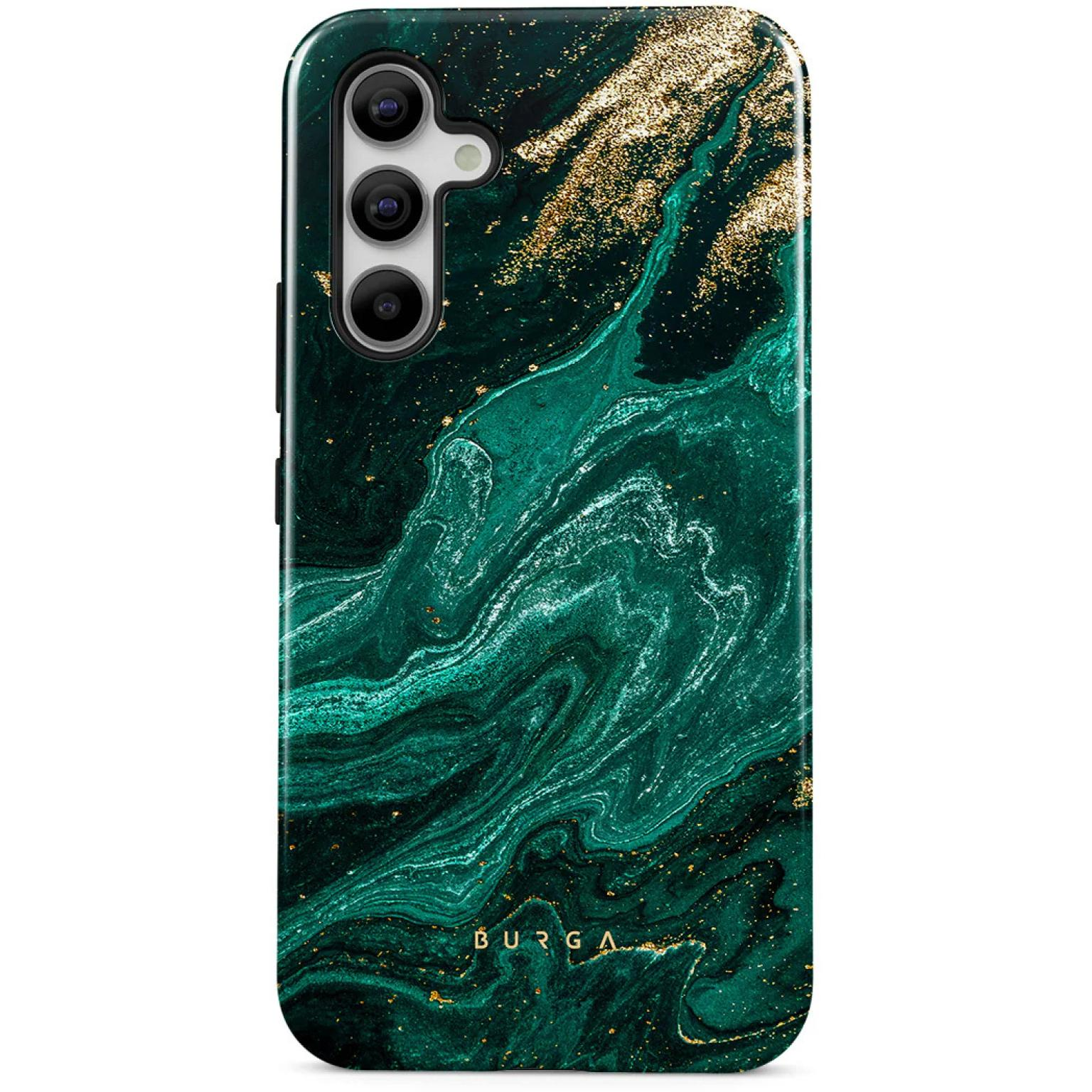 Telefoonhoesje met een groen marmerachtig patroon met gouden accenten. Het BURGA-logo staat onderaan.
