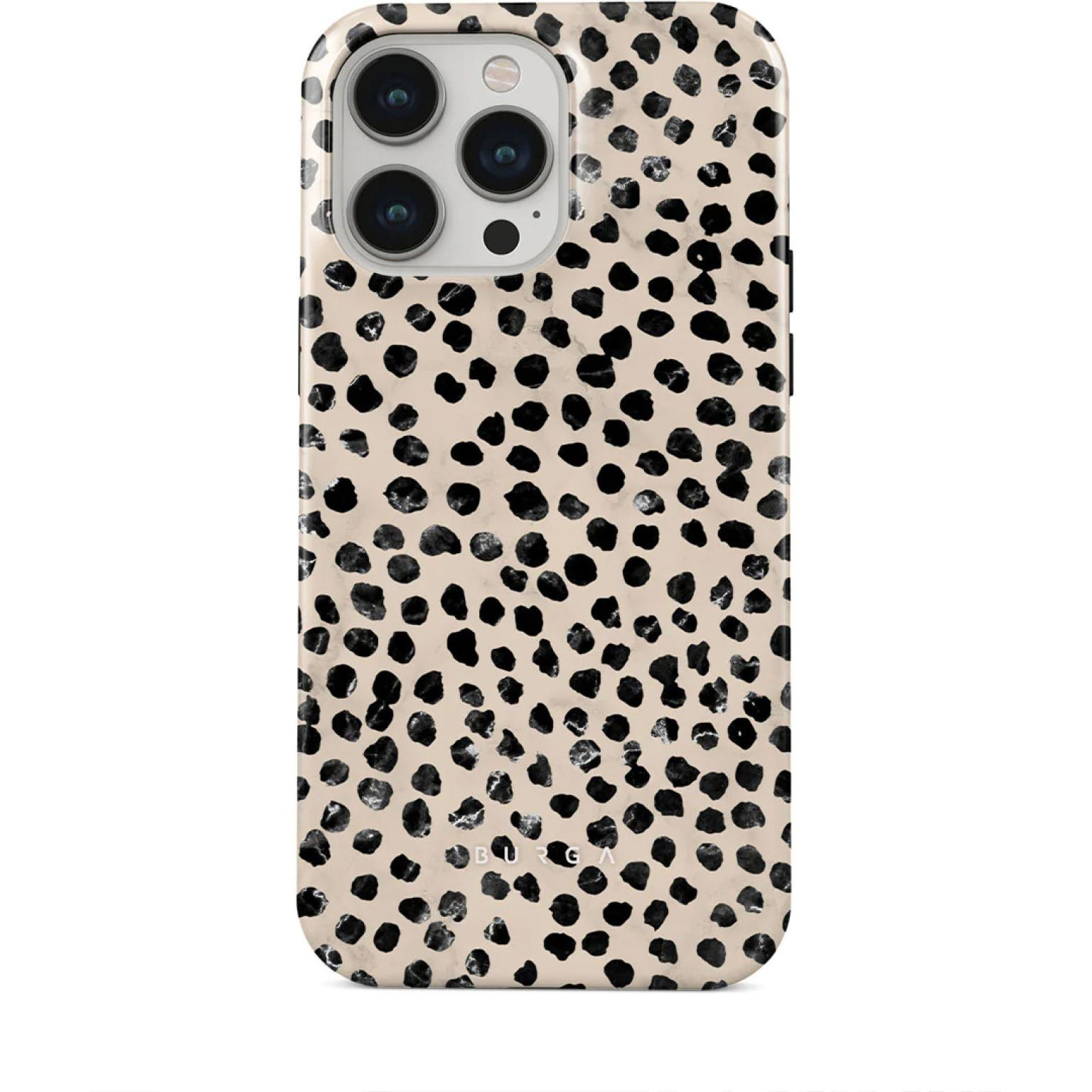 Telefoonhoesje met een zwart-wit stippenpatroon. De telefoon heeft drie camera's.