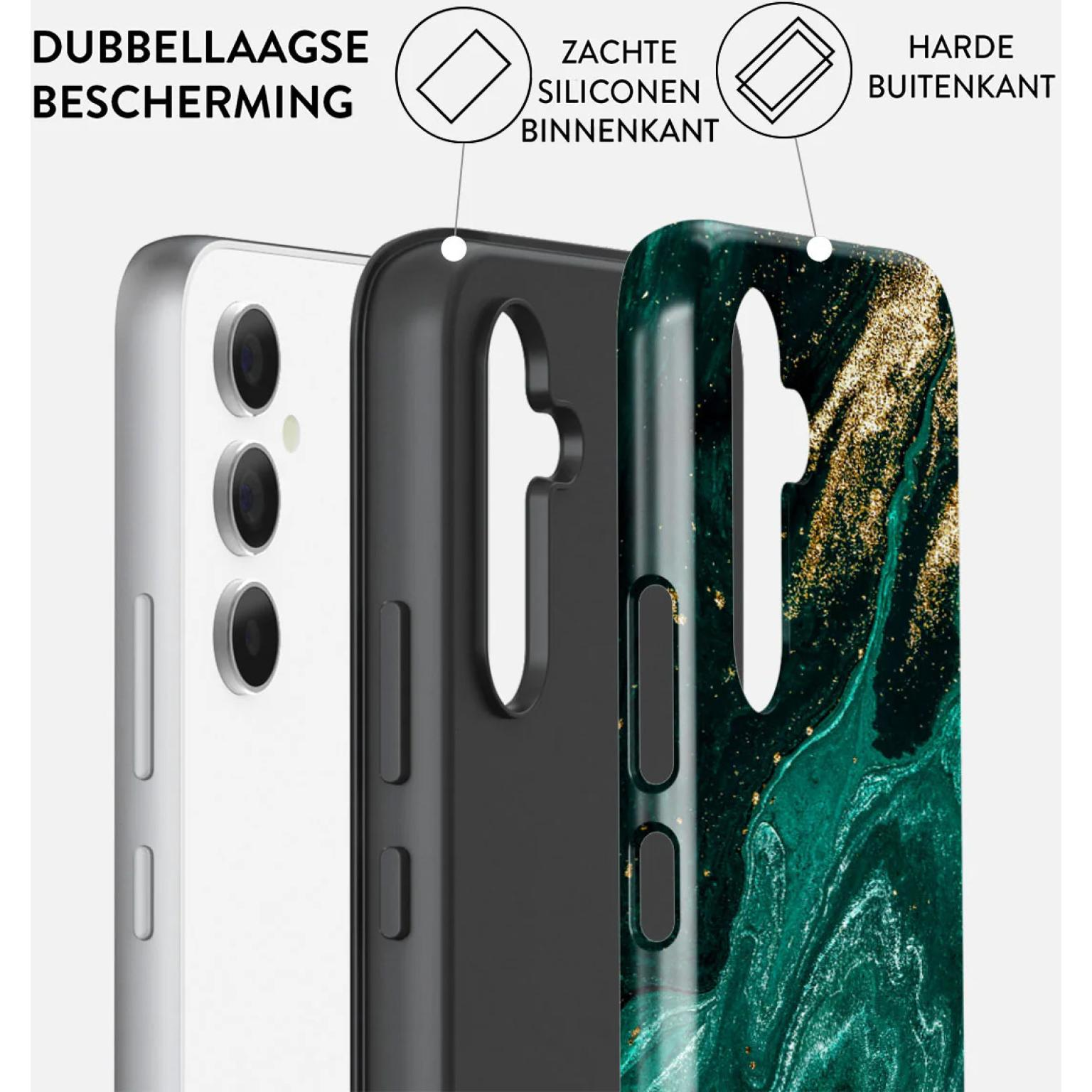 Telefoonhoes lagen: telefoon, zwart midden, groen en goud marmer design. Tekst: Dubbellaagse Bescherming.