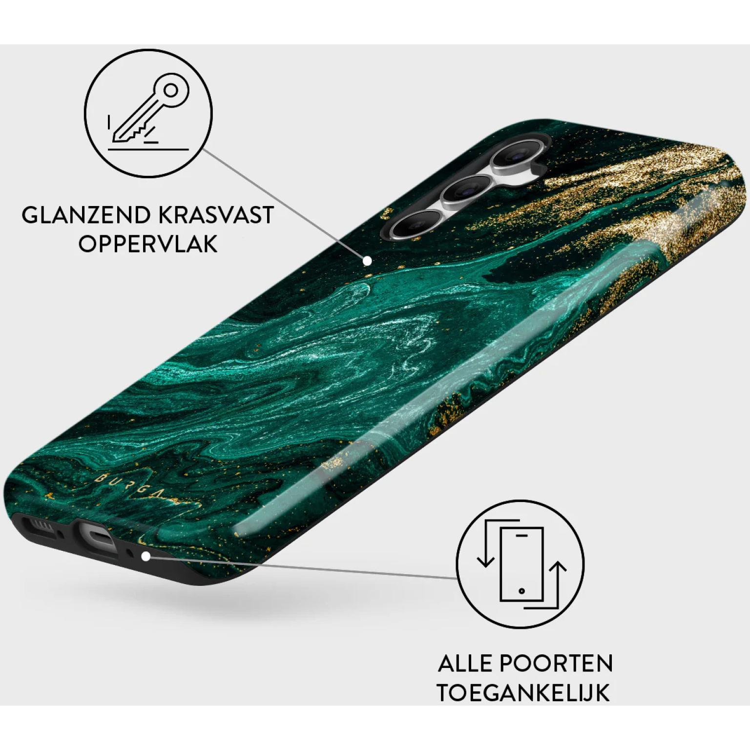 Groen marmeren telefoonhoesje met gouden accenten.