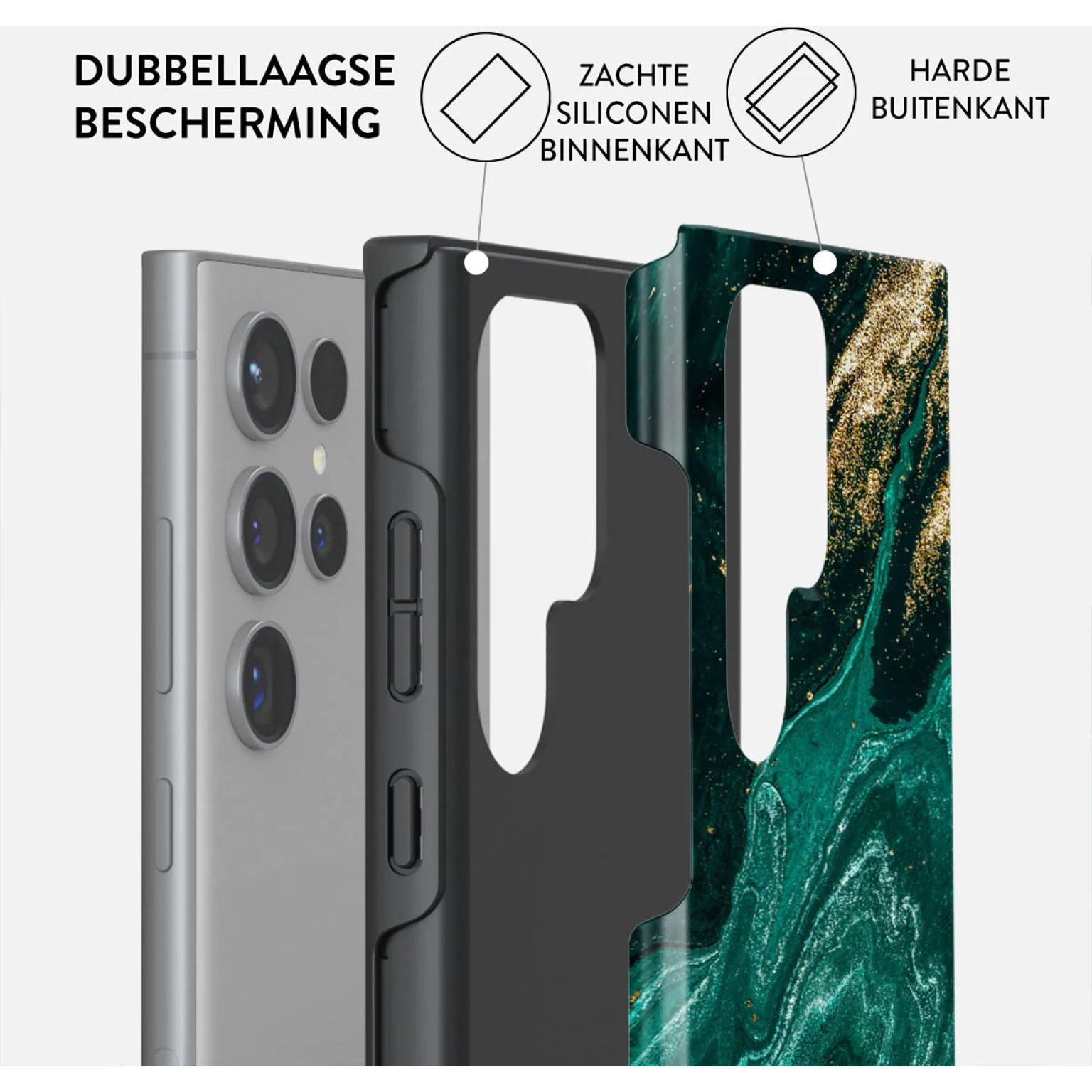 Phone case with green and gold marble design, soft black silicone inside, and phone on the left.