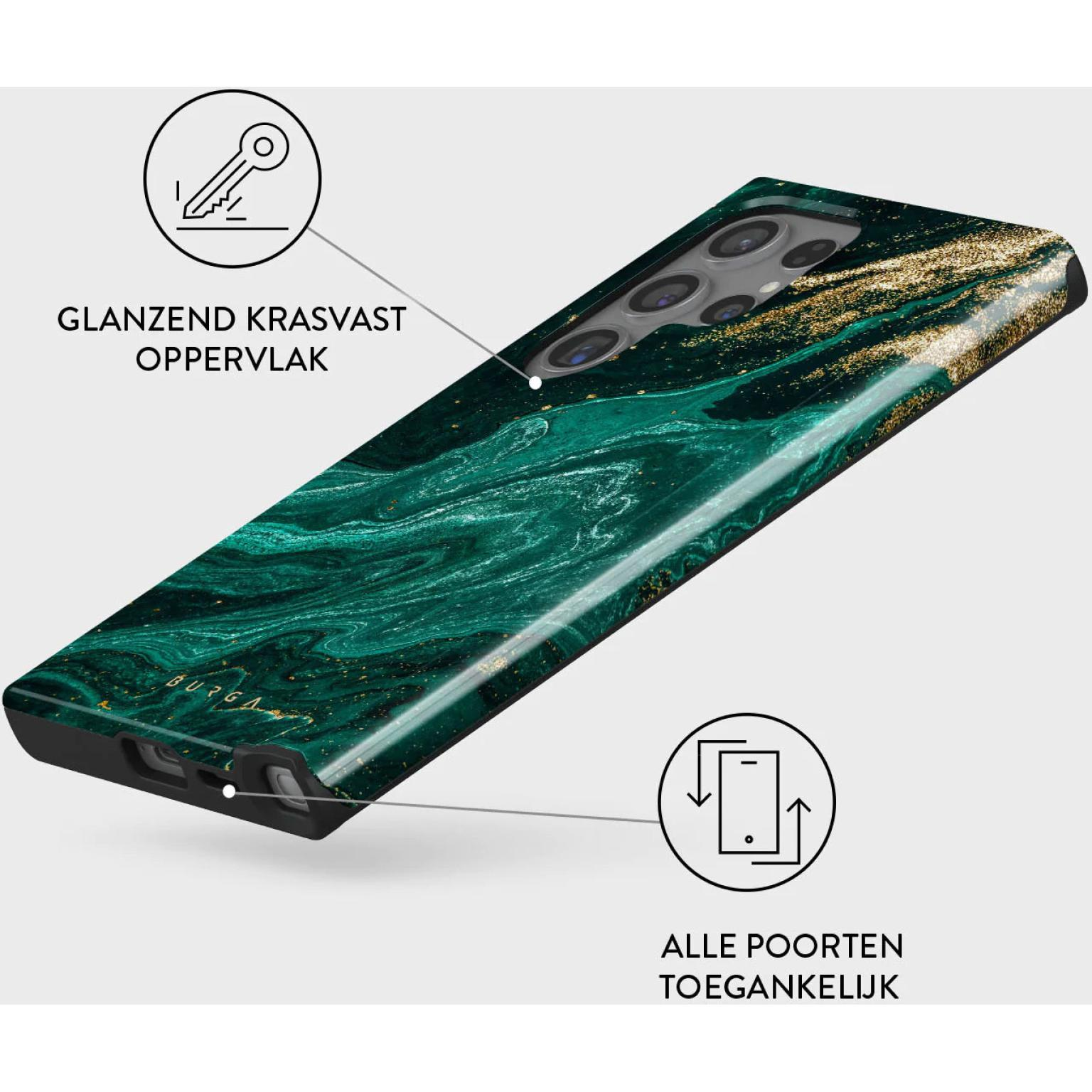 Phone case: green marble with gold streaks, glossy surface, all ports accessible, phone.