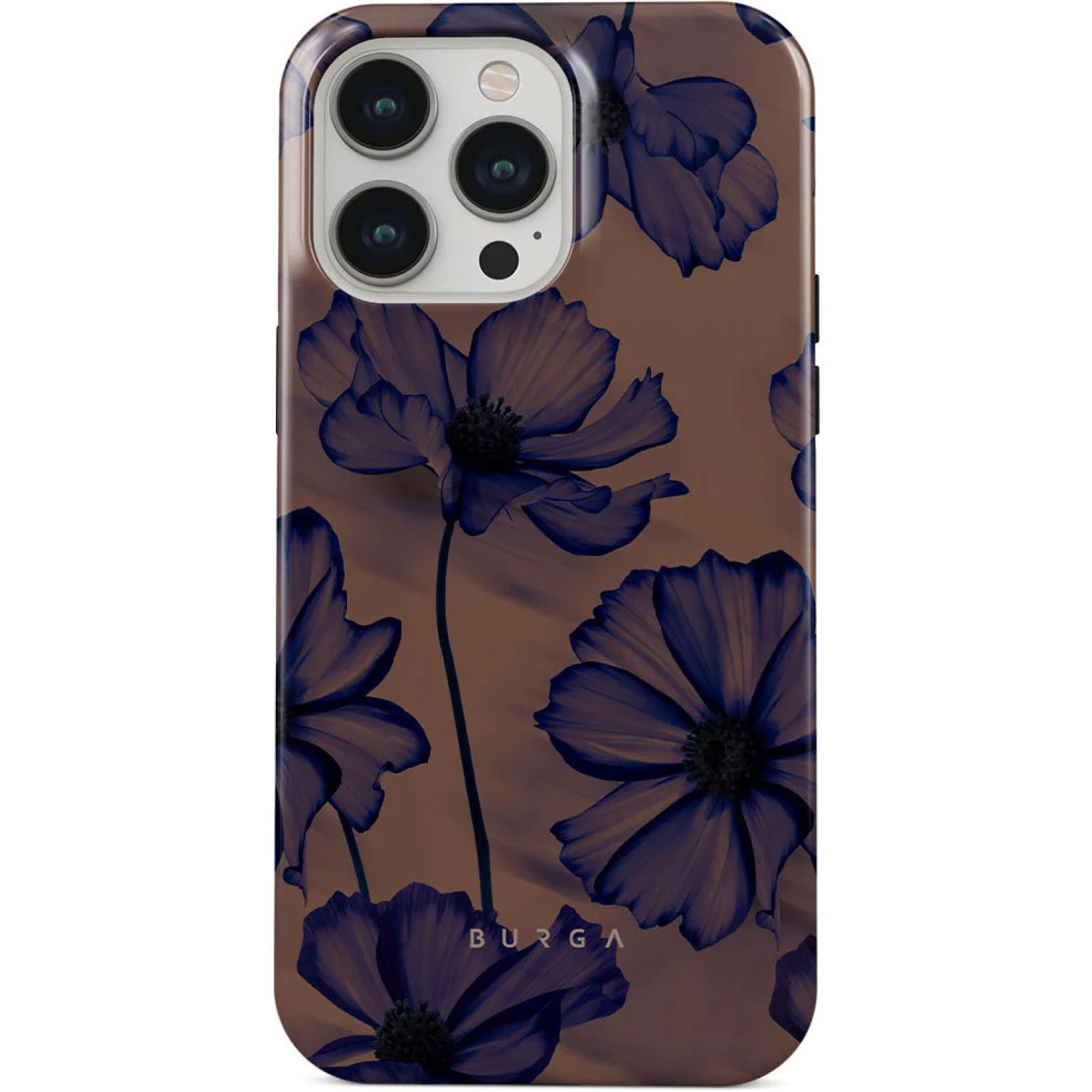 Coque de téléphone avec motif de fleurs bleu foncé sur fond marron. Marque visible.