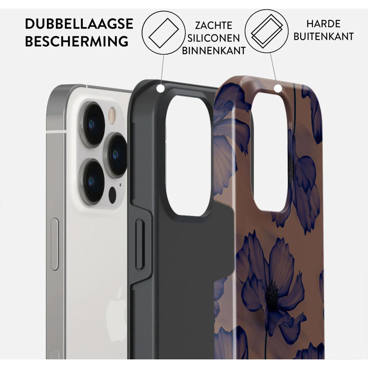 Une coque de téléphone montrant ses couches : un téléphone, une coque extérieure dure, une couche interne souple.