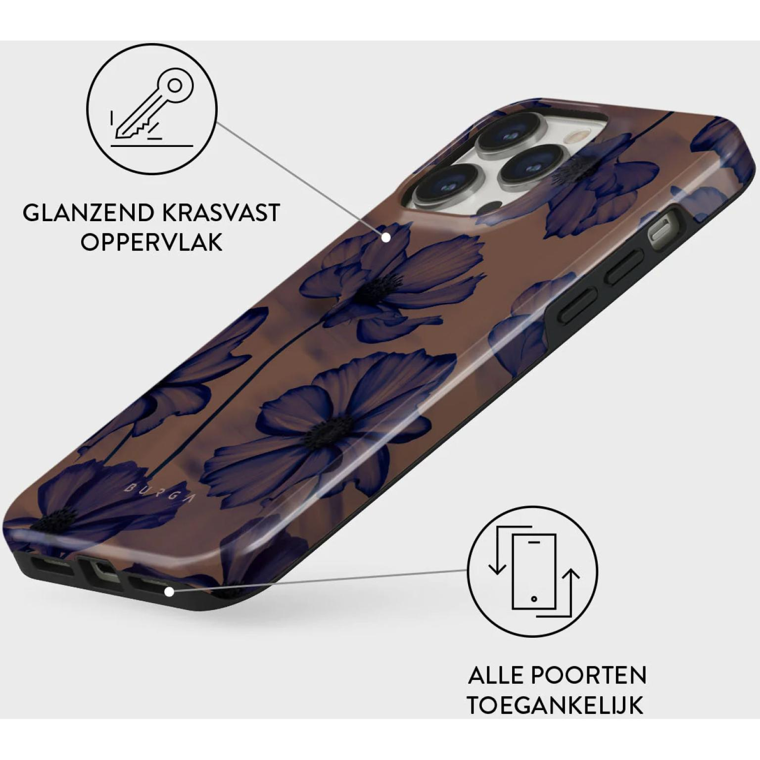 Coque de téléphone avec motif floral sur fond marron, avec icônes de clé et d'accès.
