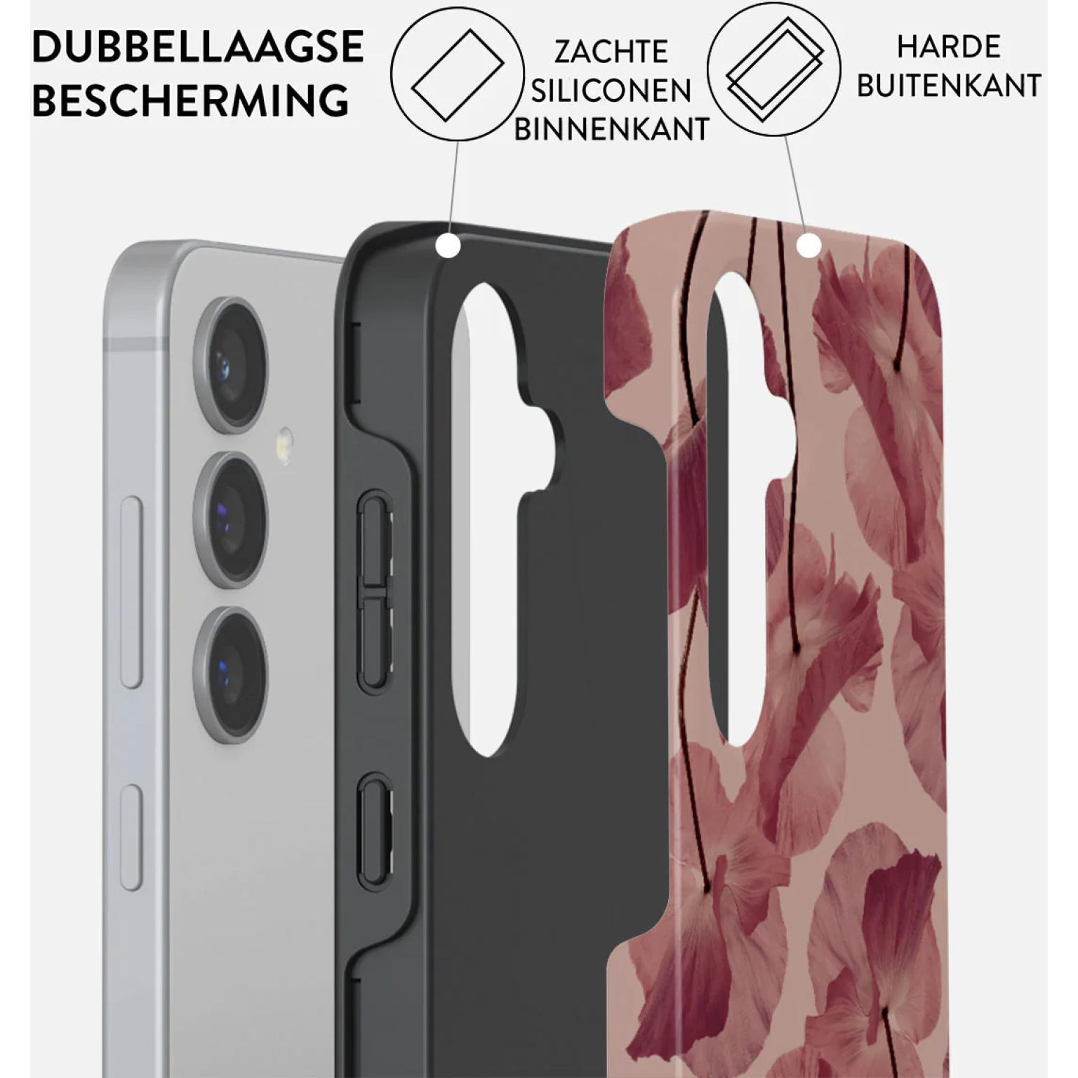 Close-up van een telefoonhoesje met lagen: telefoon, zwarte binnenlaag en buitenlaag met bloemenpatroon.