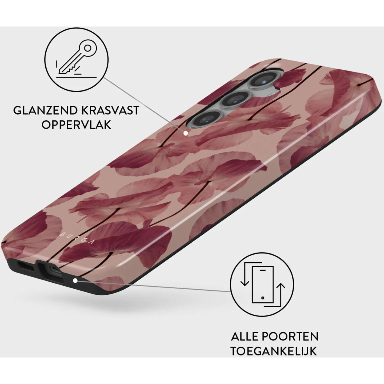 Telefoonhoesje met bloemenpatroon. Sleutelsymbool en tekst 'GLANZEND KRASVAST OPPERVLAK' wordt getoond.