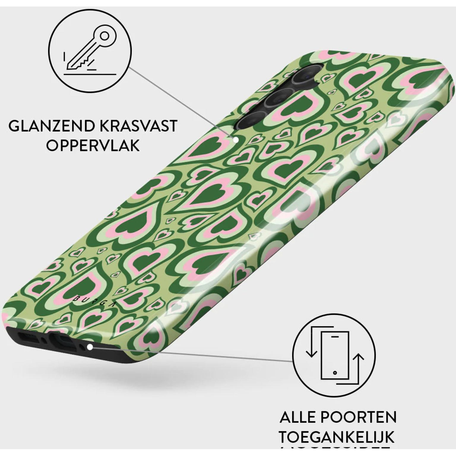Phone case with green hearts on a light green background. Glossy surface. Text: Burga.