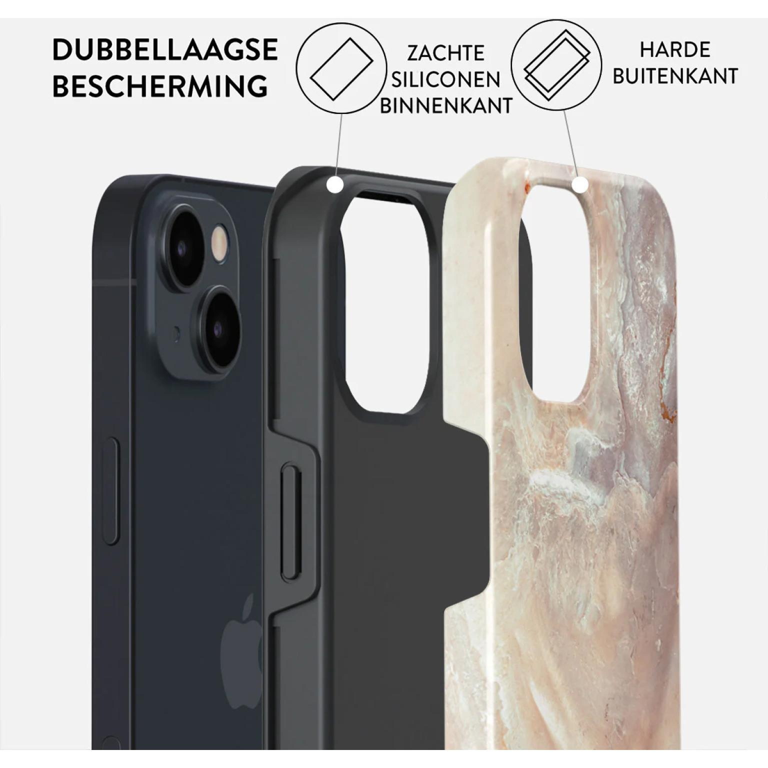 Diagram dat de lagen van de telefoonhoes toont: harde buitenkant, siliconen binnenkant en de telefoon.