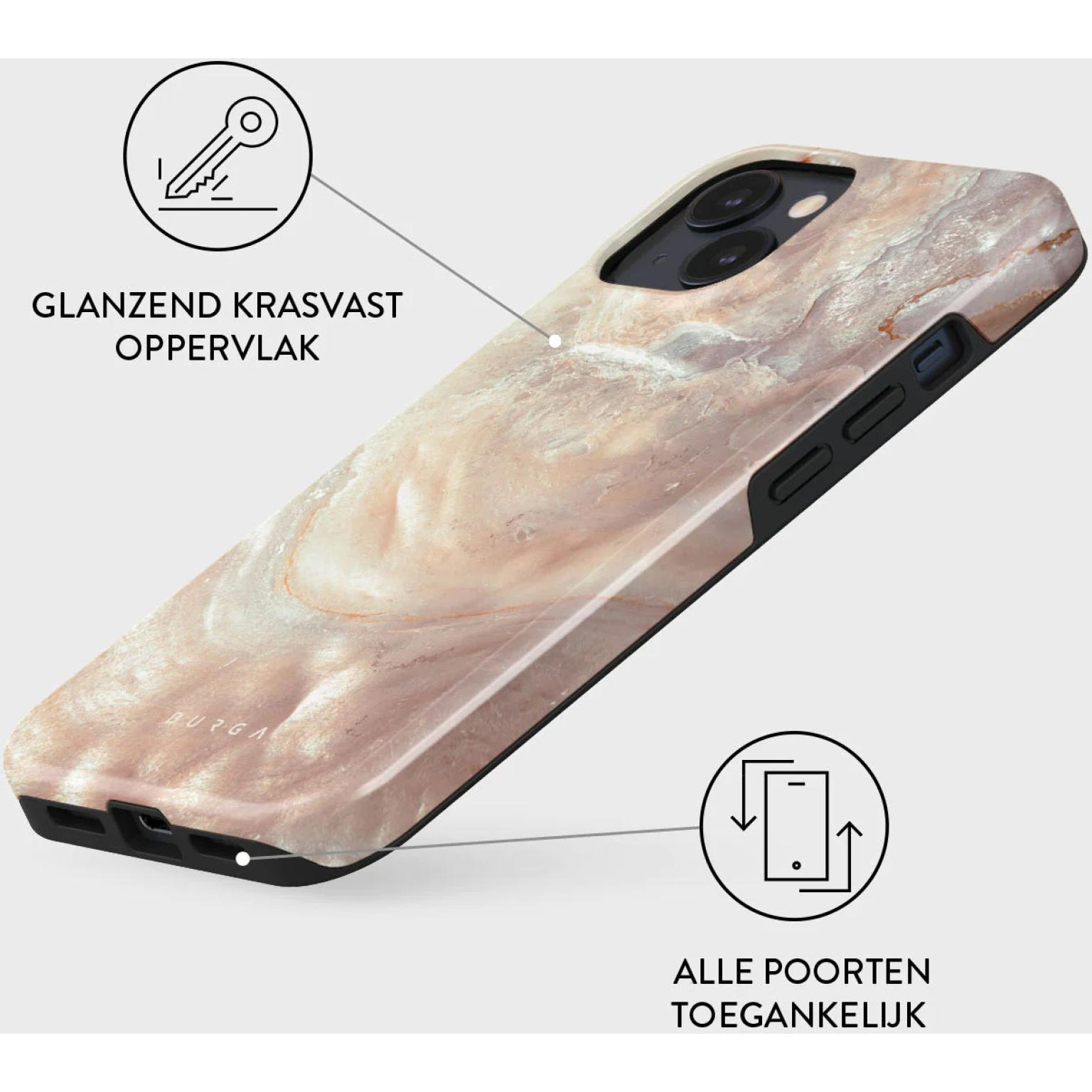 Telefoonhoesje met roze en wit marmer design. Glanzend oppervlak. Tekst: Glanzend Krasvast Oppervlak.