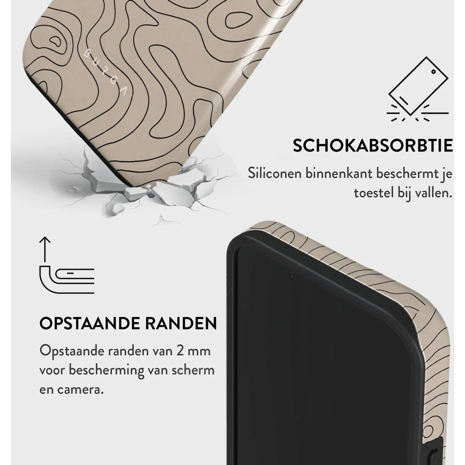 Beige telefoonhoesje met zwarte lijnen, barstgrafiek en tekst over schokabsorptie en verhoogde randen.
