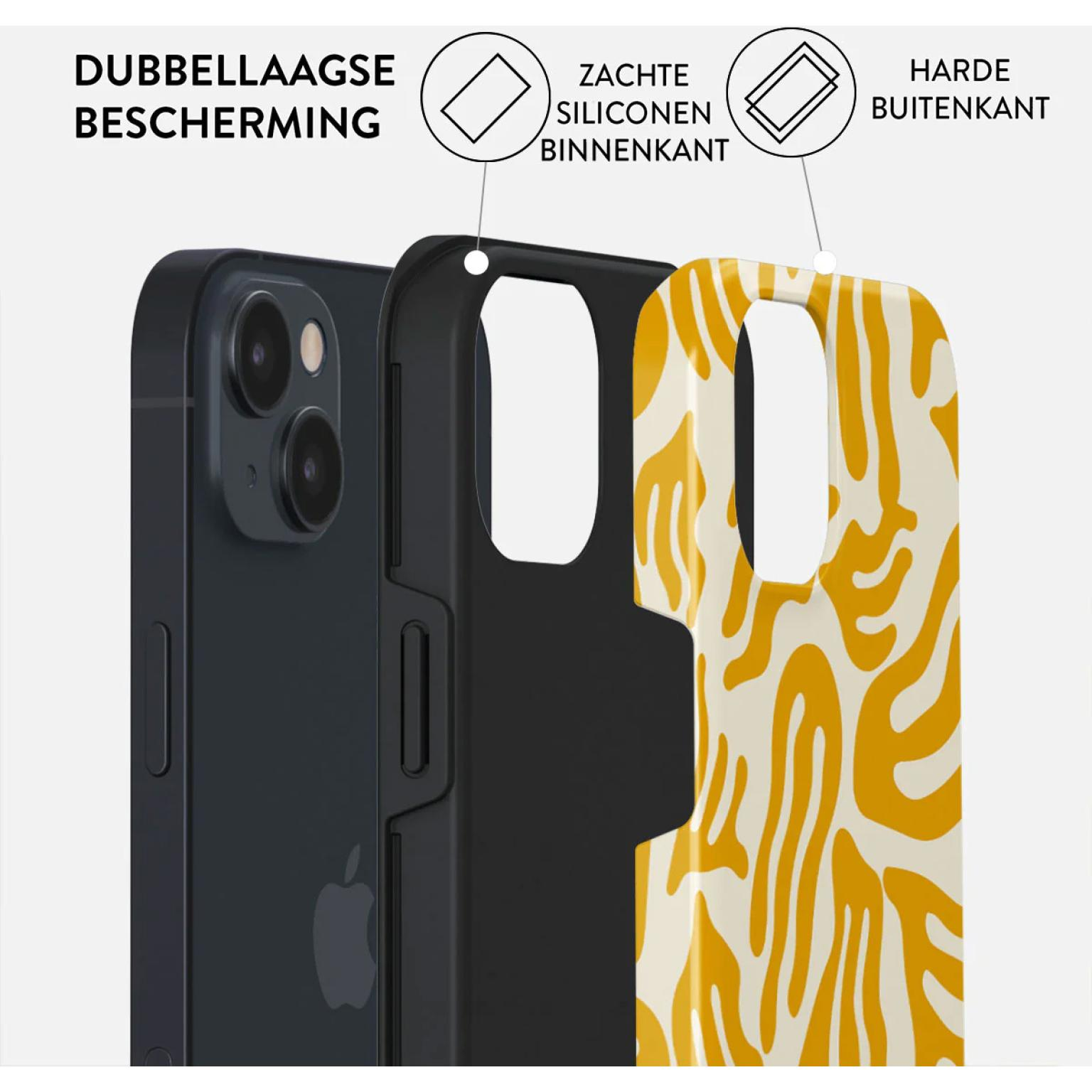 Phone case layers: phone, black frame, and a yellow and white abstract zebra pattern.
