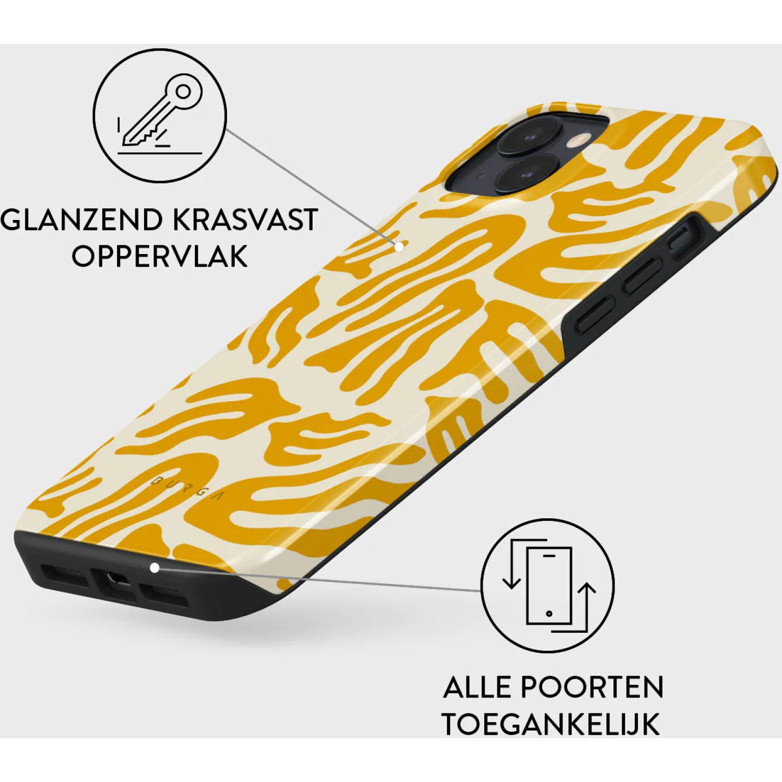 Phone case with a cream background and yellow zebra stripes, angled view.