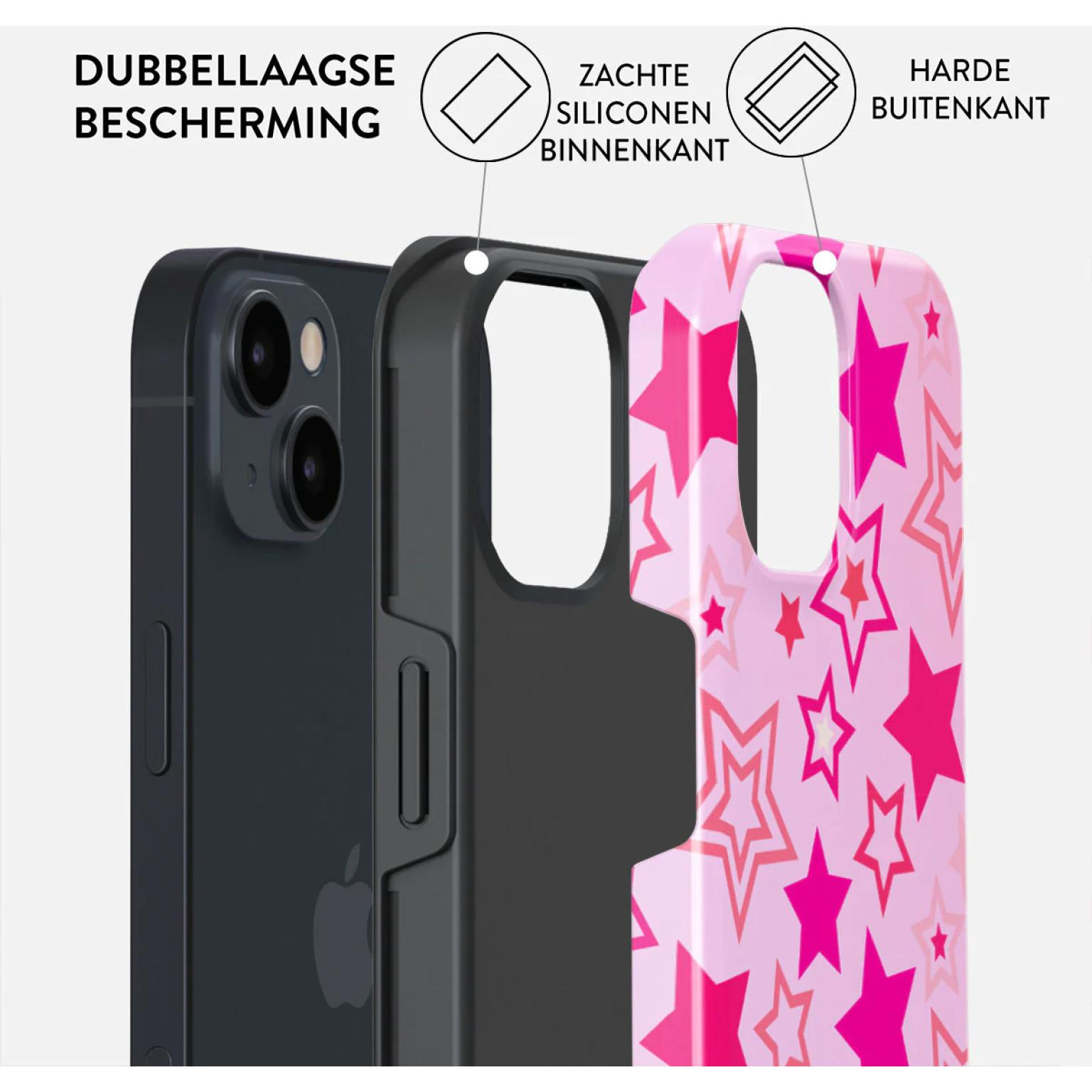 Phone case layers showing a black phone inside a pink star design.