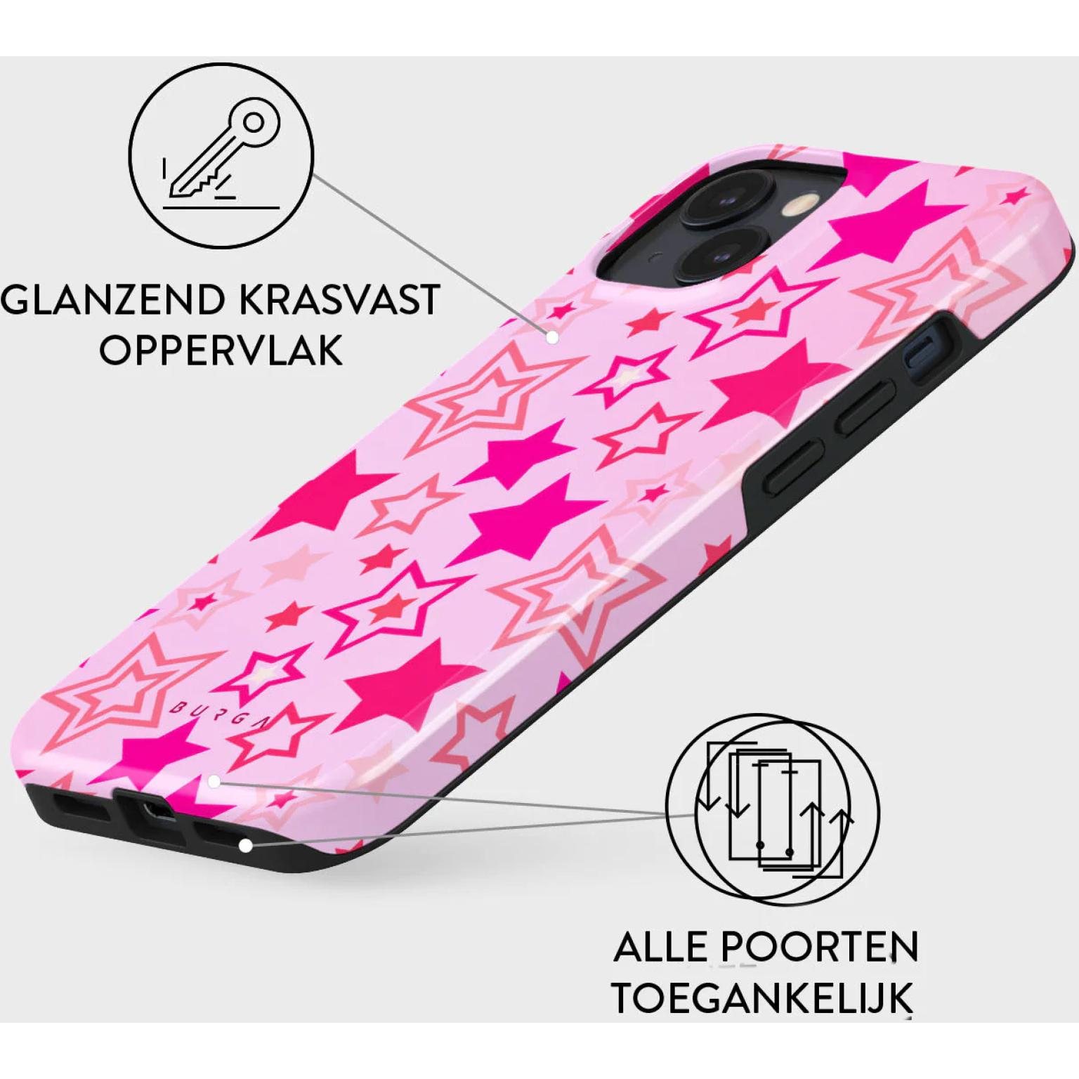 Pink phone case with pink stars, glossy surface, and accessible ports, featuring the 'BURGA' logo.