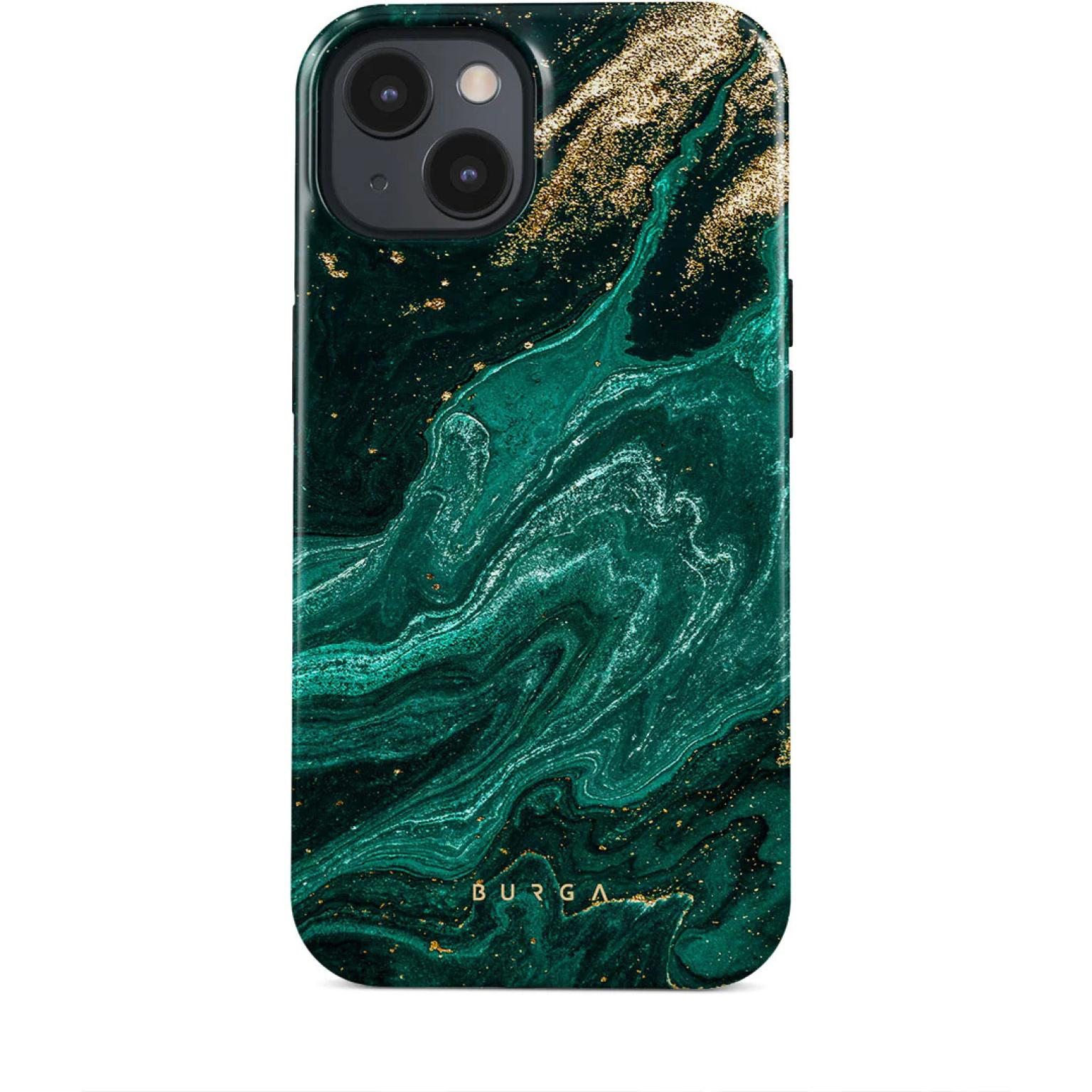 Green marble phone case with gold accents.