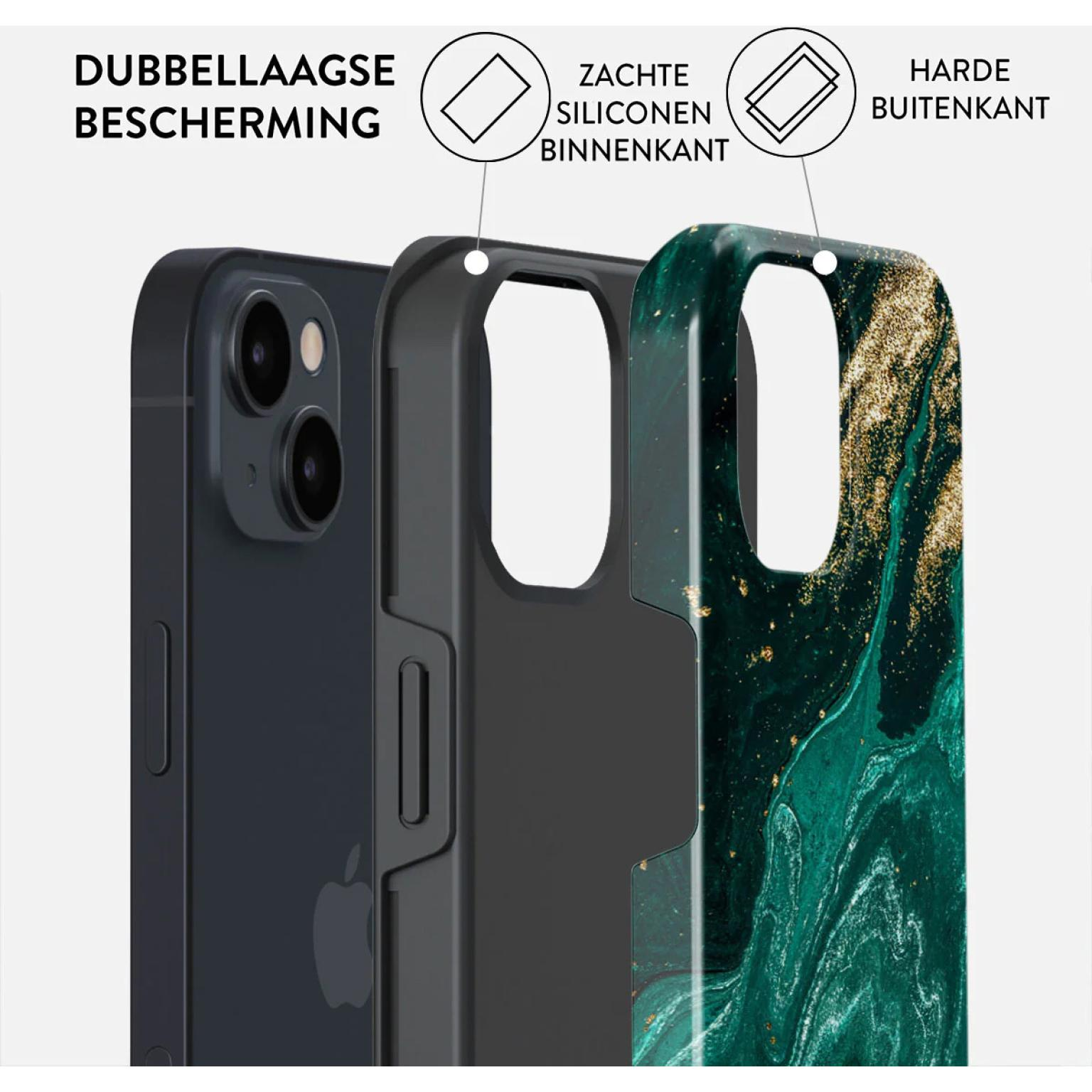 Phone case layers: phone, black inner layer, and green marble-patterned outer layer with gold accents.