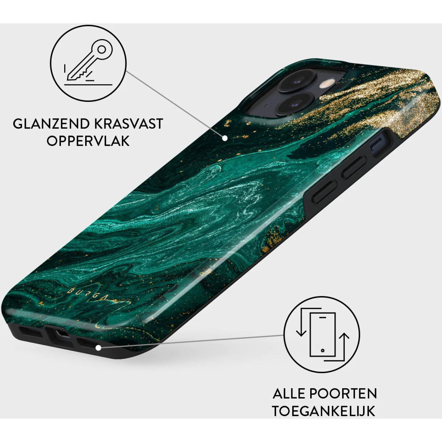 Green and gold phone case, angled view. Text and key icon. White background.